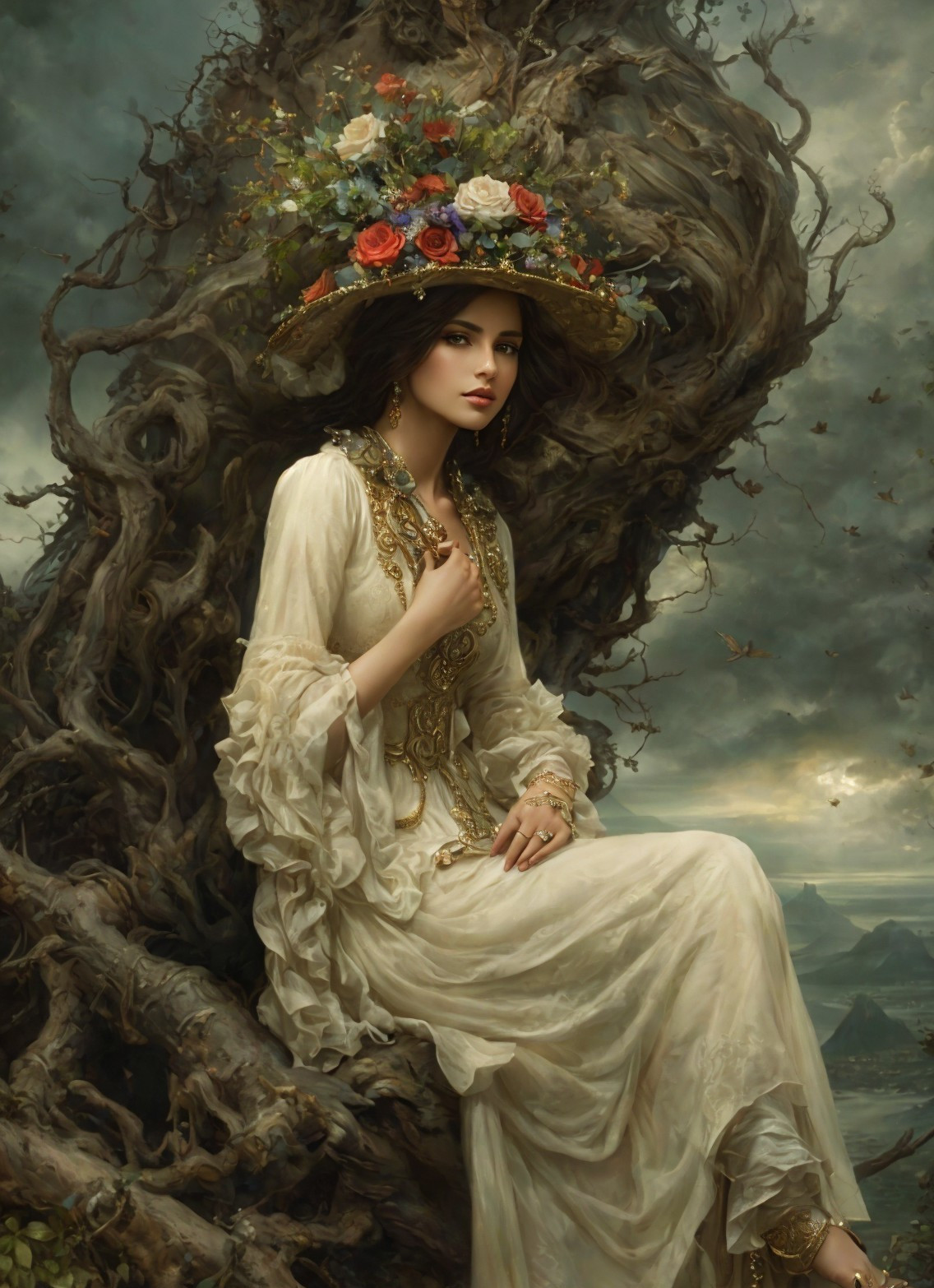 Mystical Figure in White Gown Against Gnarled Tree