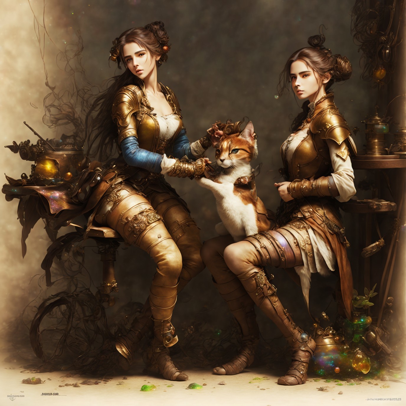 Steampunk Women in Golden Armor with Mystical Fox