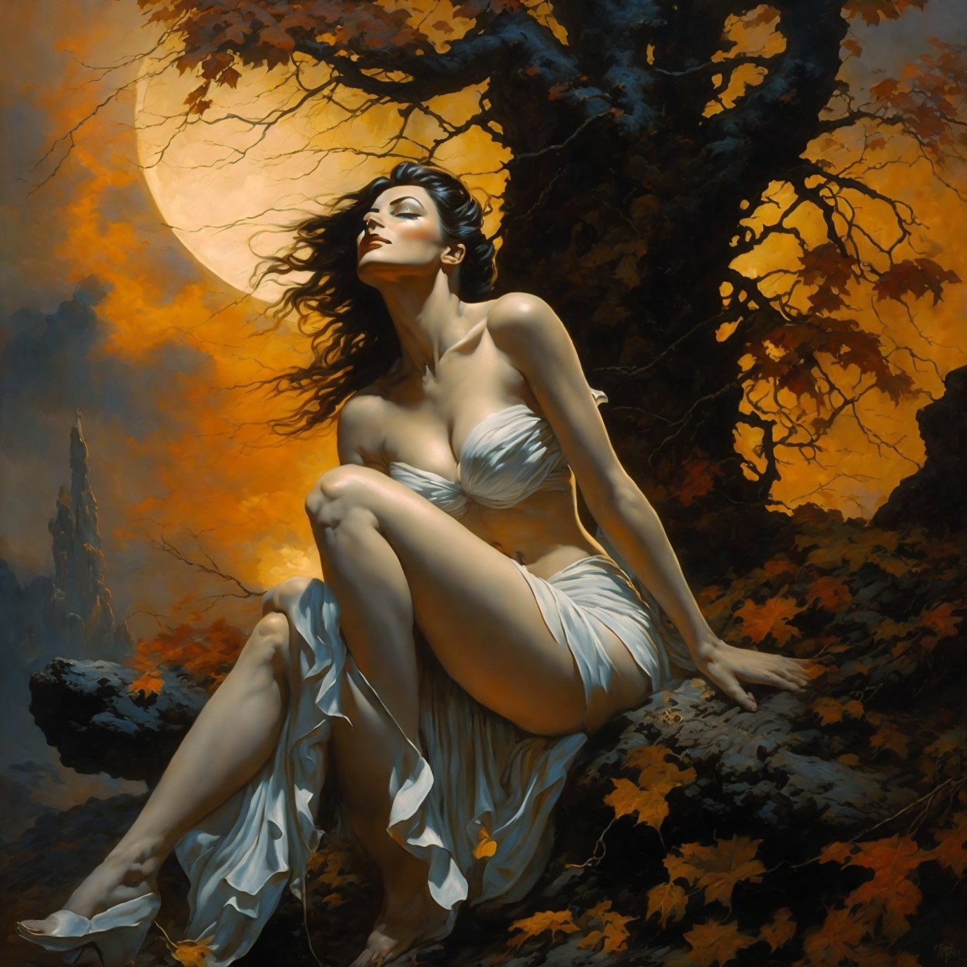 Woman in white drapery under autumn tree with full moon.