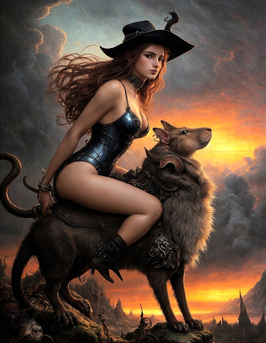 Fantasy Scene with Woman in Dark Outfit and Mystical Creature