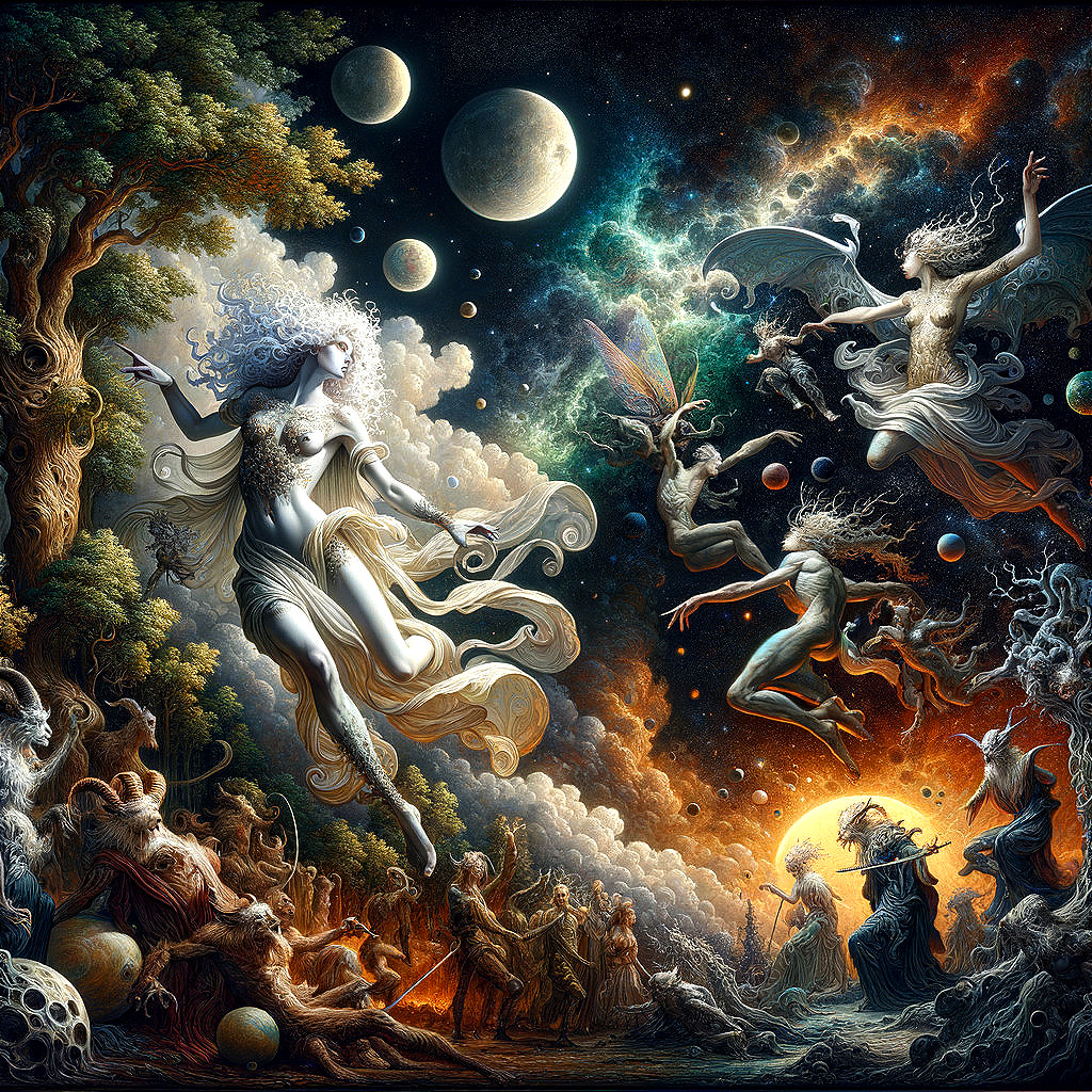 Ethereal Beings in a Cosmic Fantasy Landscape