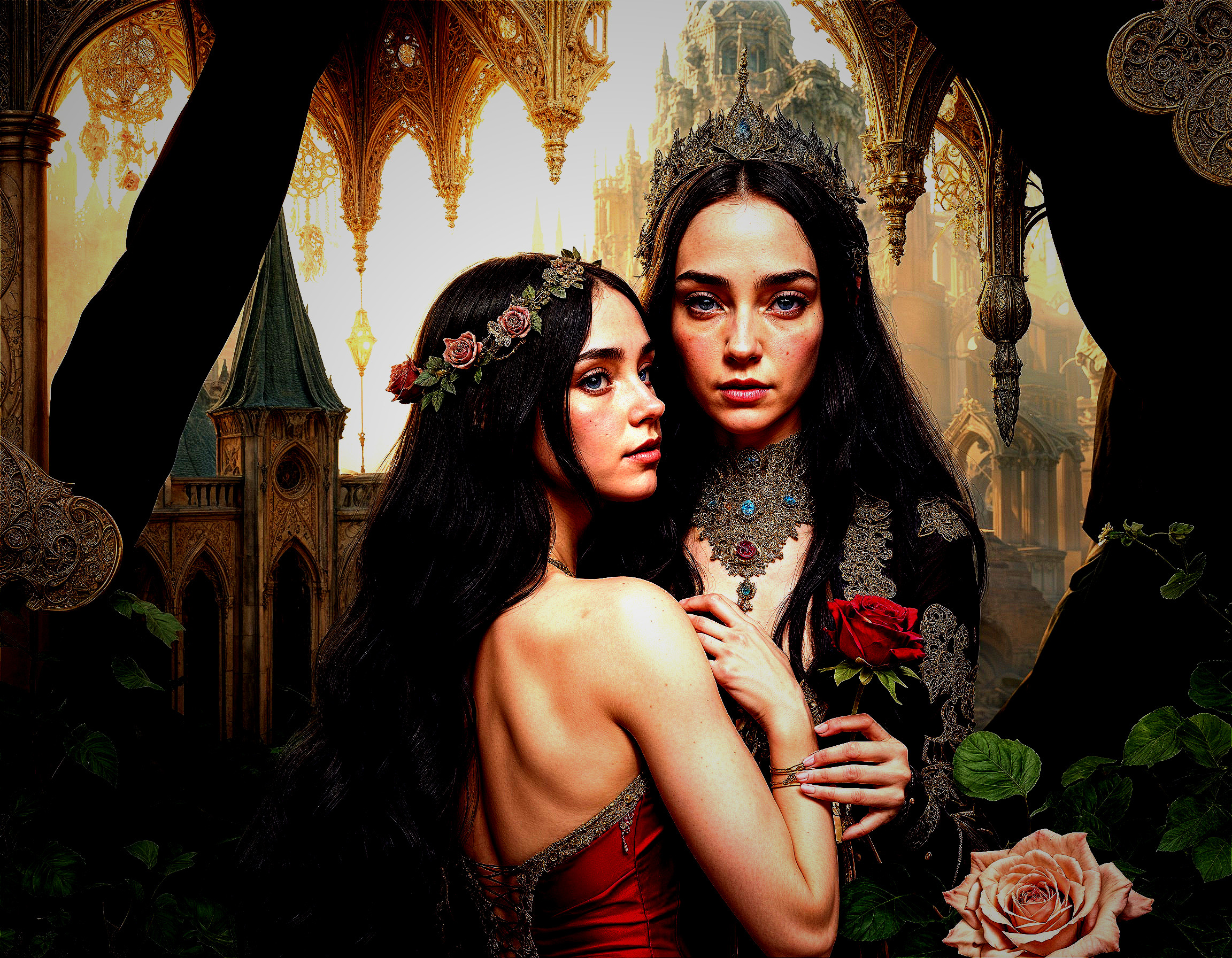 Ethereal Women in Elegant Attire with Roses