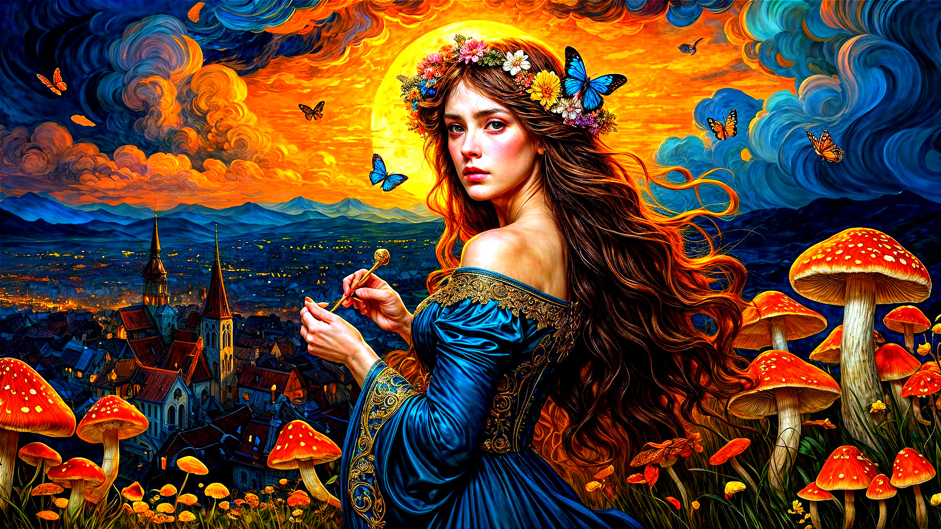 Young Woman in Floral Crown Amidst Mushrooms and Sunset
