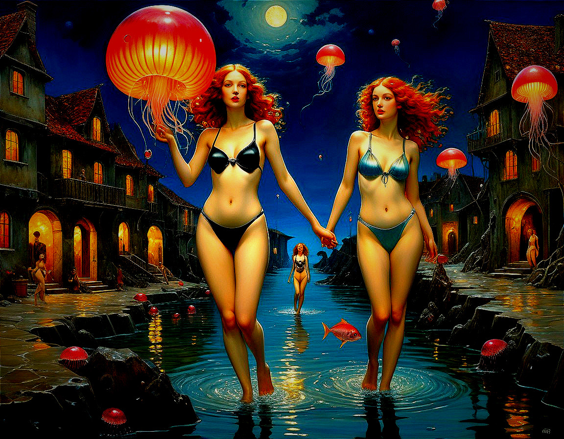 Women with Red Hair in Moonlit Waterway Scene