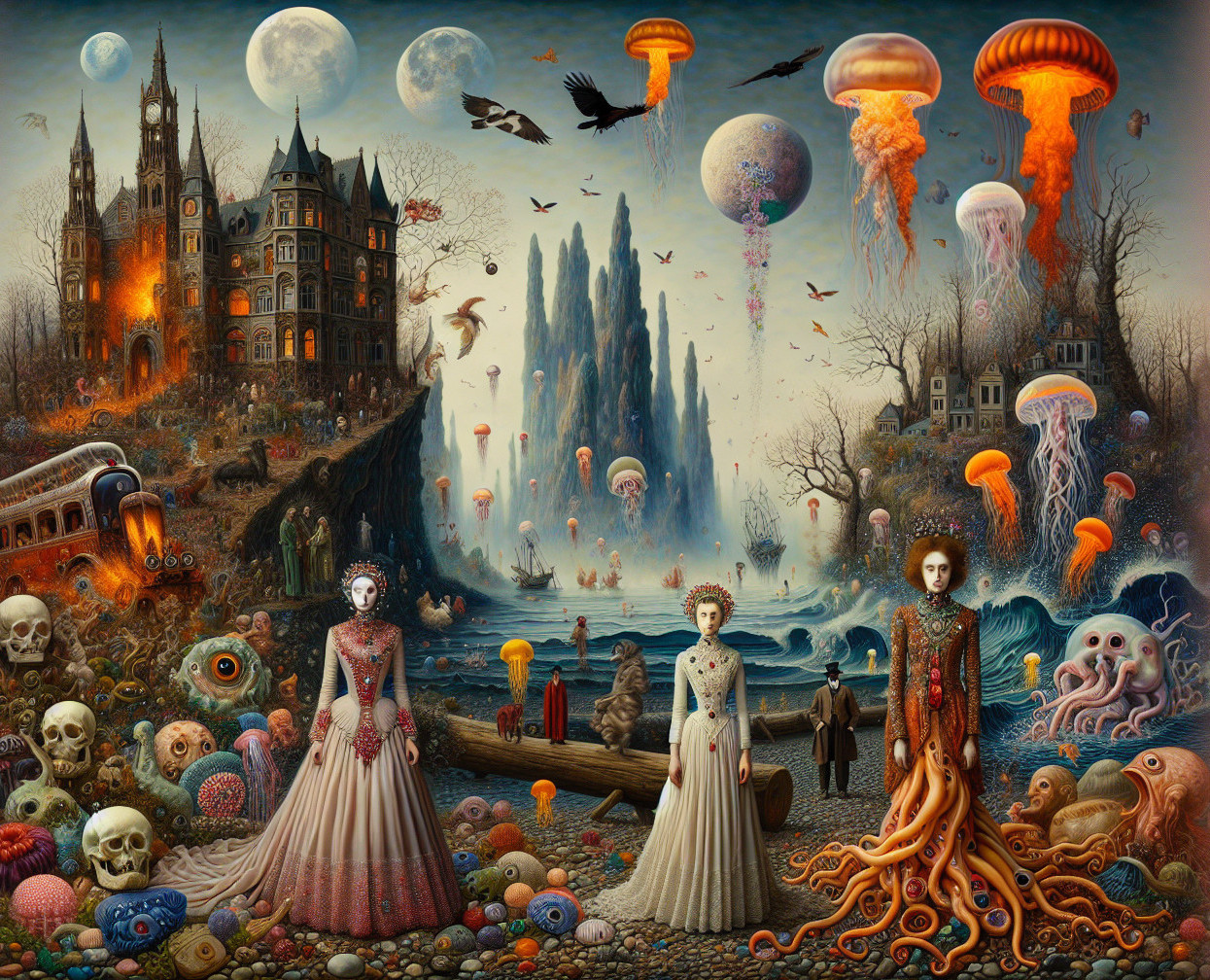 Surreal Scene of Women on Shore with Whimsical Elements