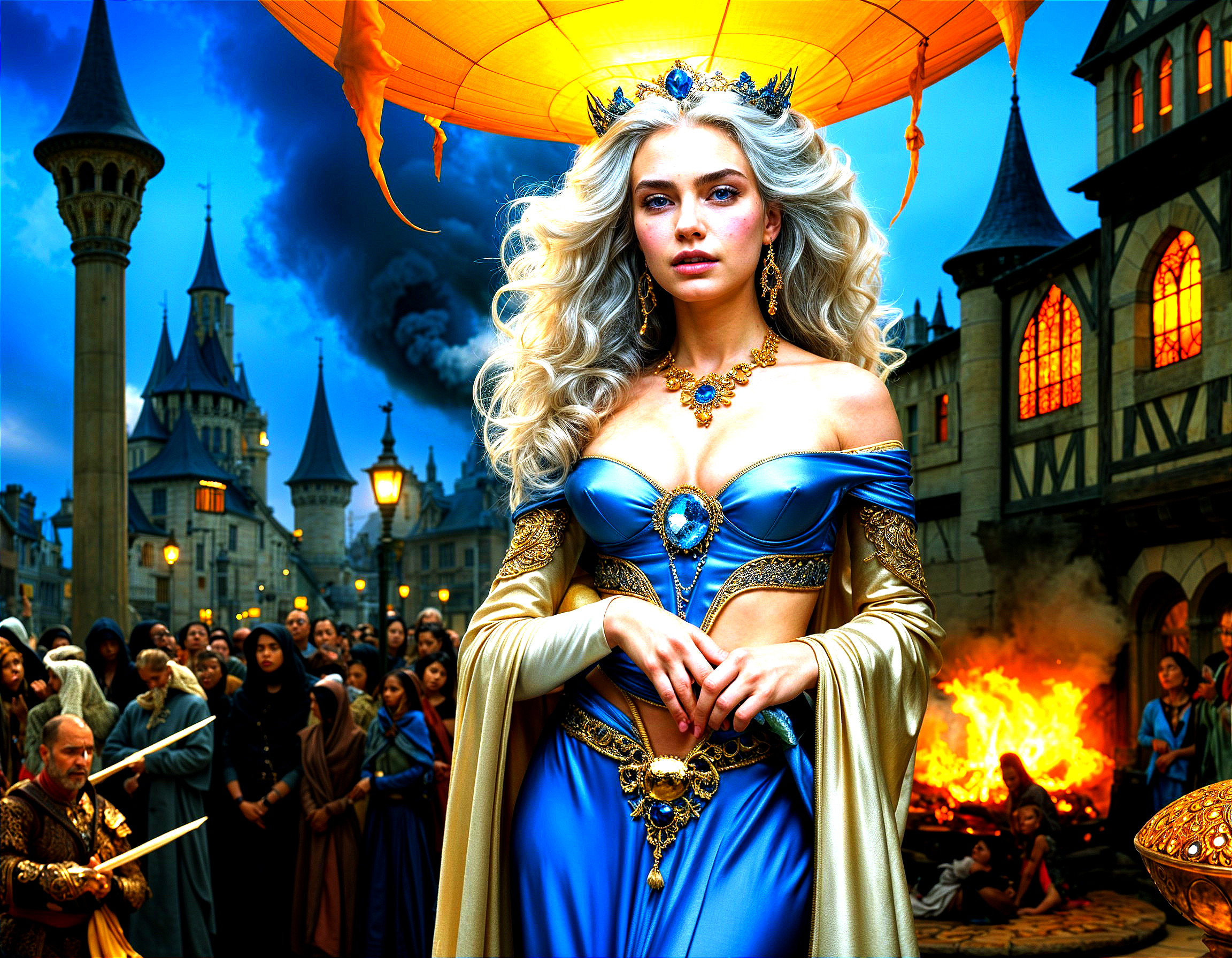 Regal Woman in Blue Gown Amidst Medieval Castle Scene