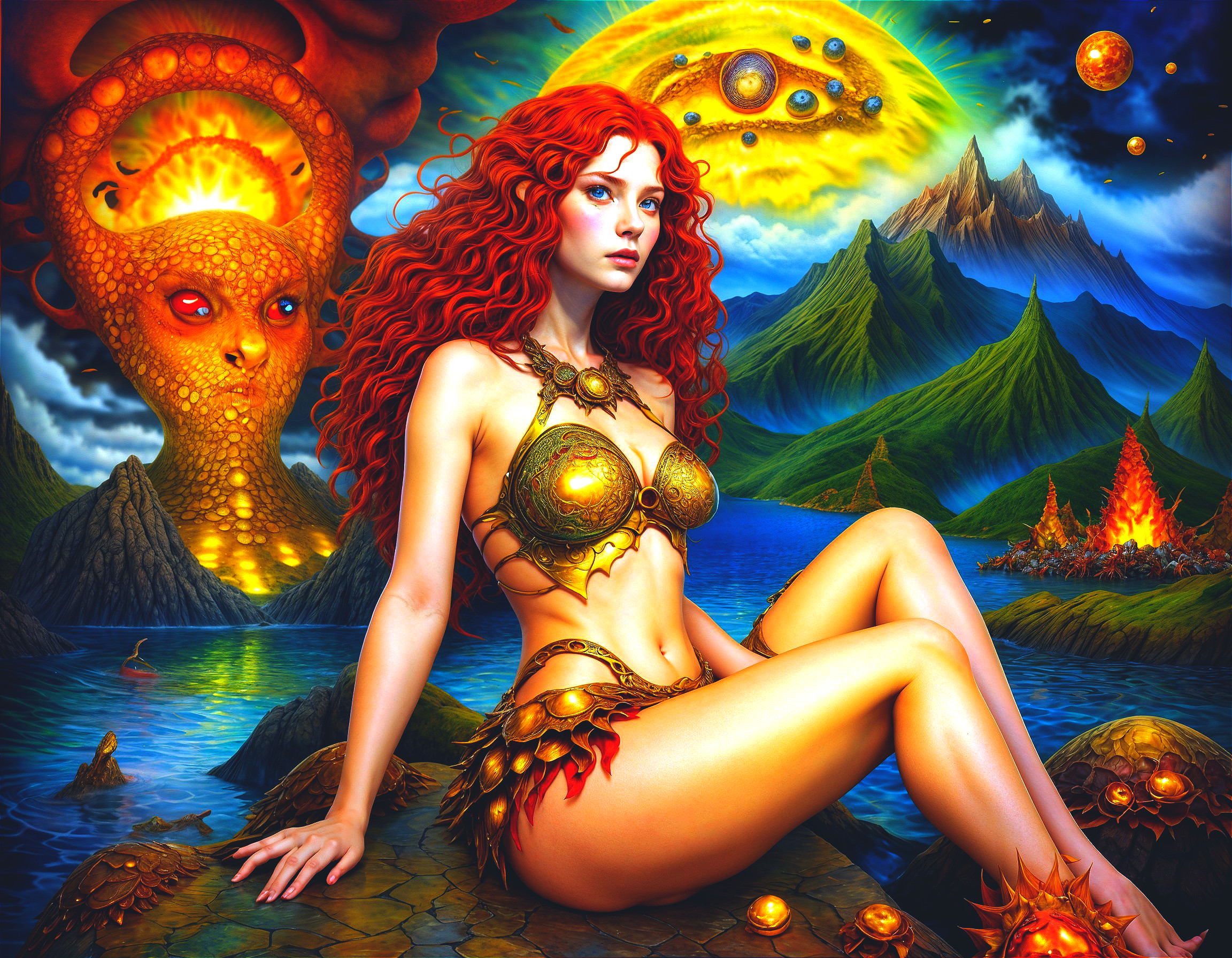 Fantasy and Sci-Fi Landscape with Red-Haired Woman