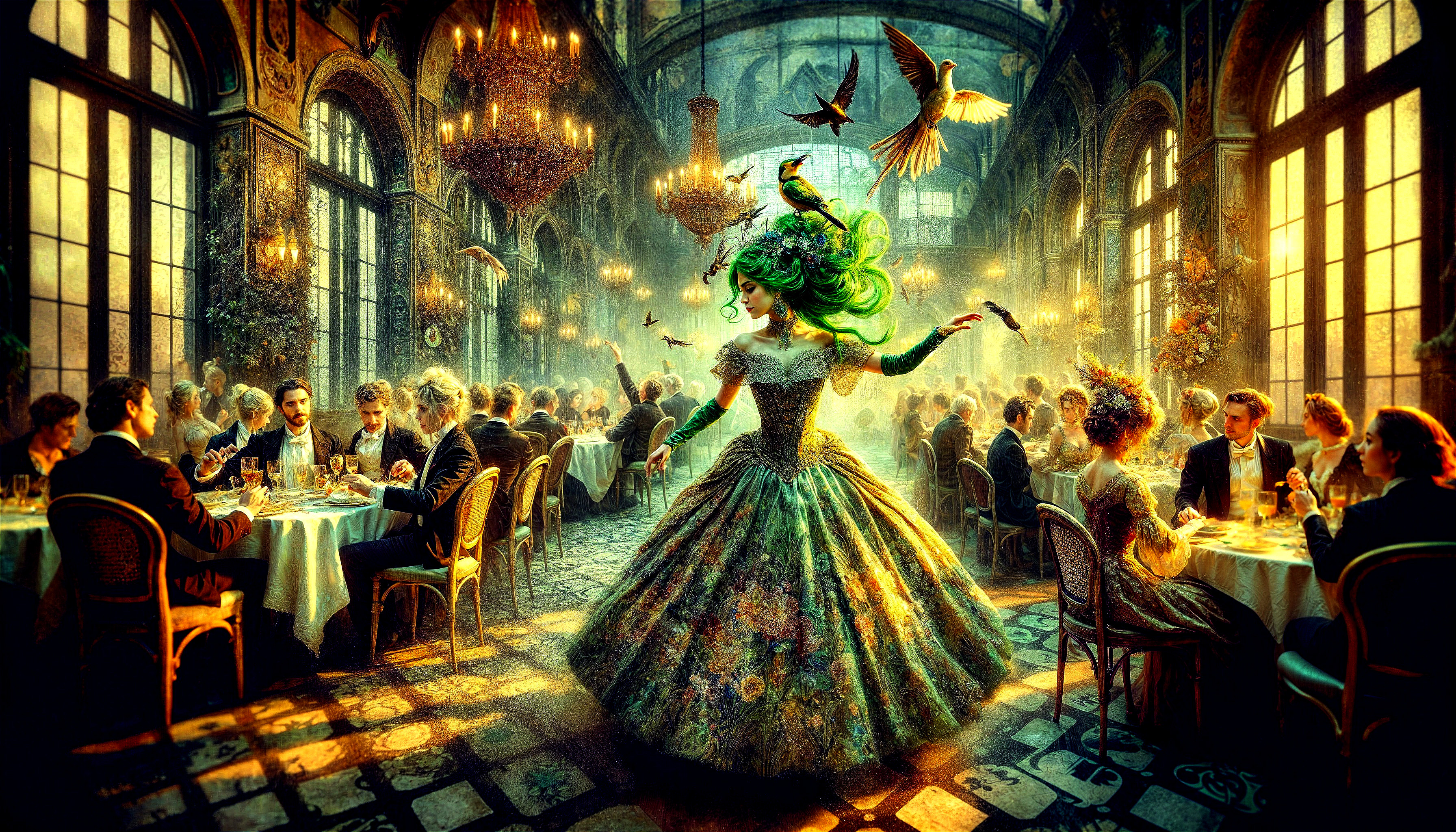Elegant Dining Hall with Floral Gown and Birds