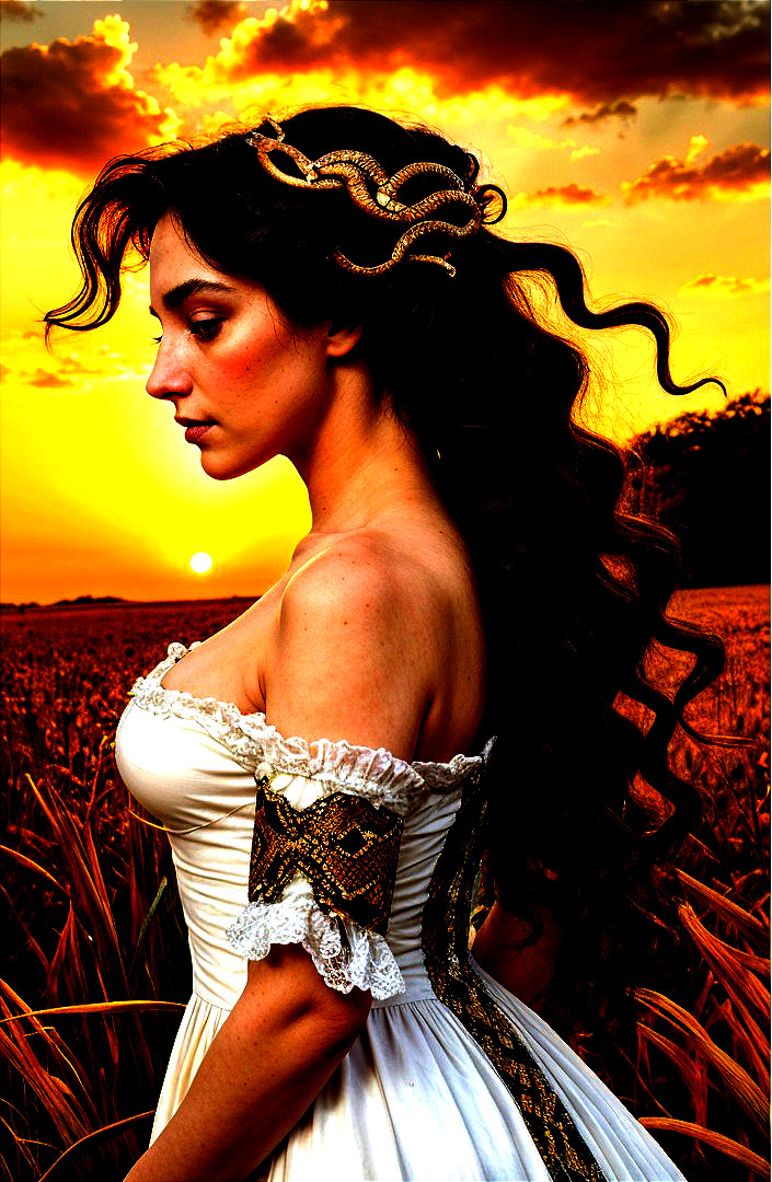 Woman in Elegant Gown Against Sunset Background