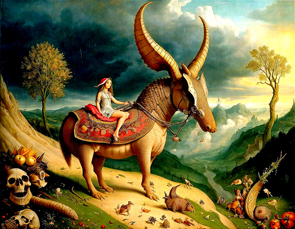 Young Woman Riding Colossal Creature in Surreal Landscape