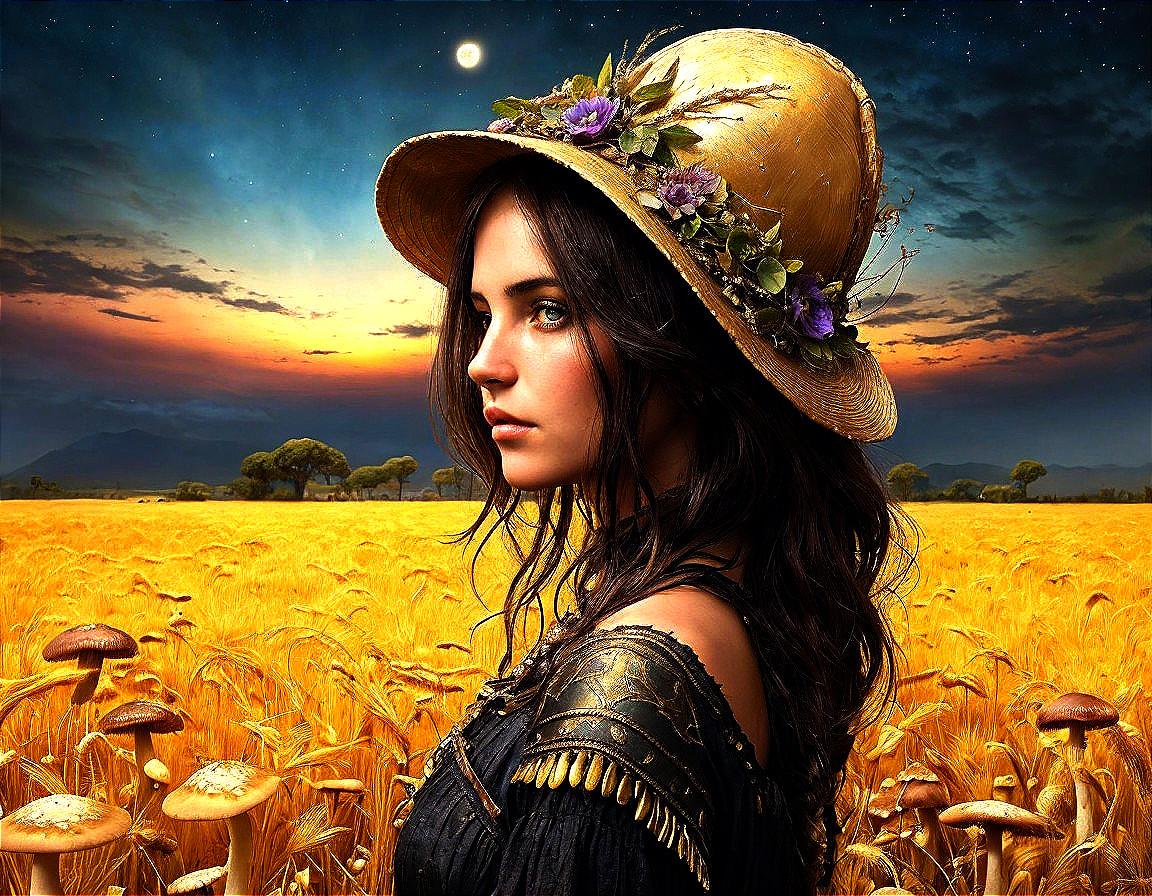 Young Woman in Golden Field Under Starry Sky