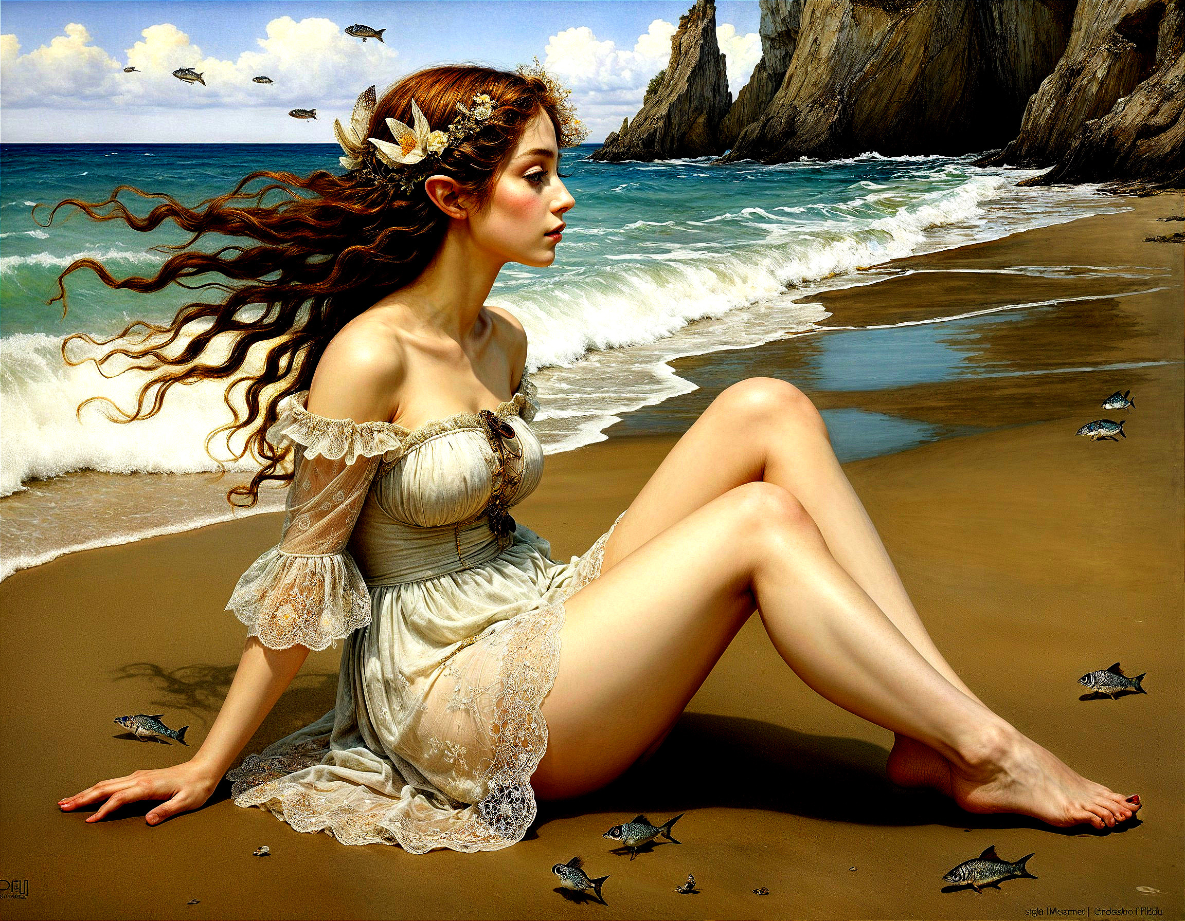 Serene Coastal Scene with Woman on Sandy Beach