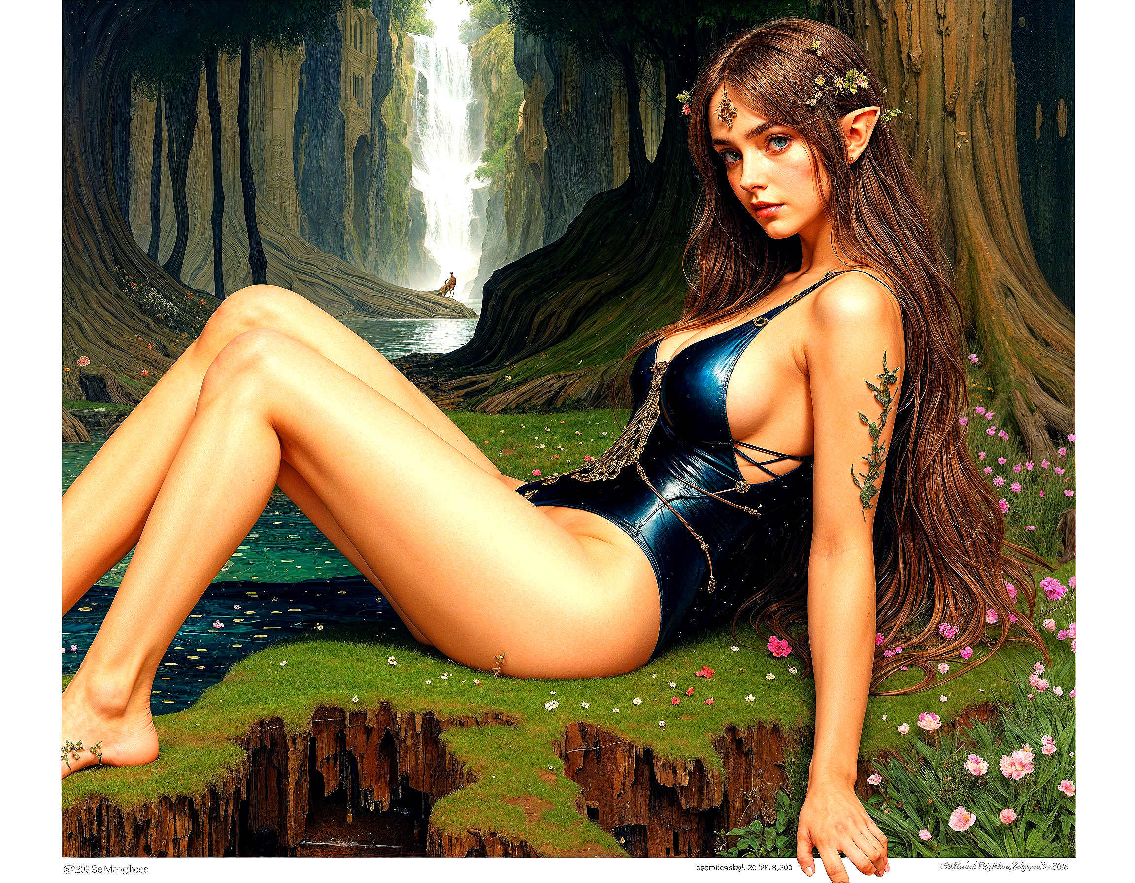 Mystical Figure by a Serene Forest Pool with Waterfall