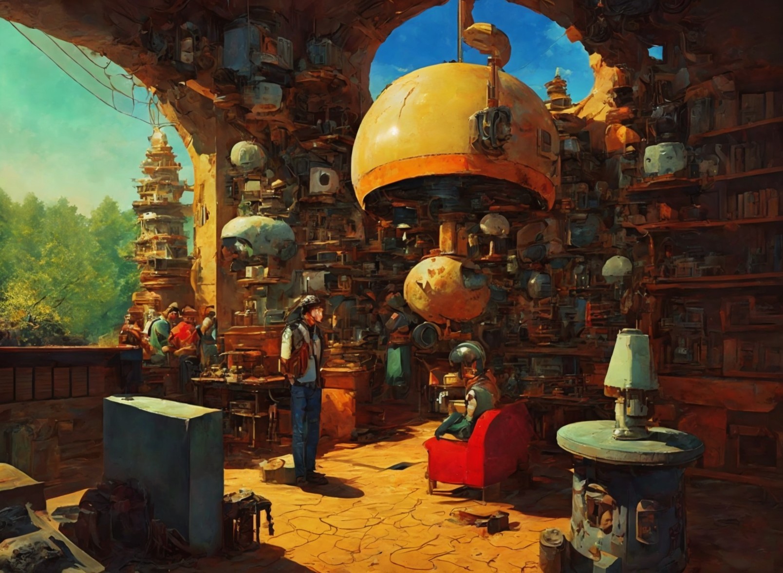 Workshop Scene with Books, Artifacts, and Central Sphere