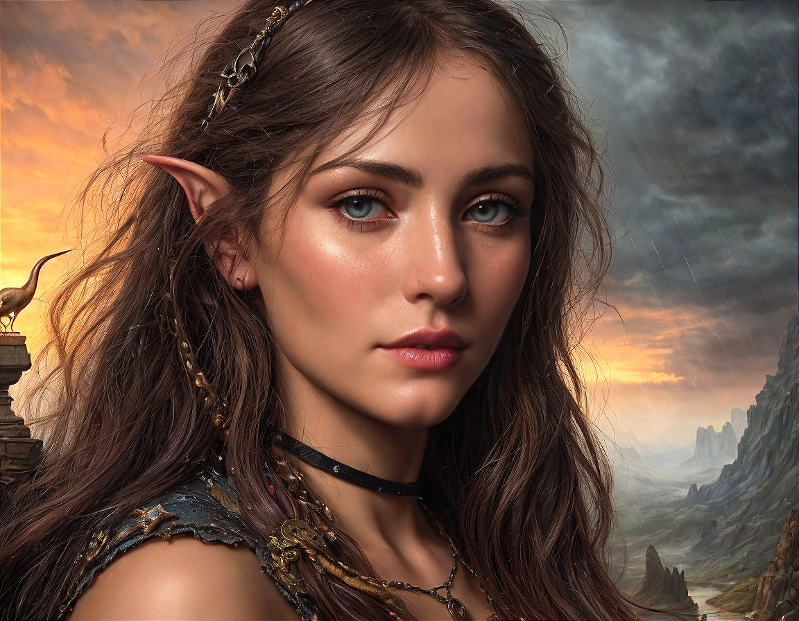 Young woman with pointed ears in sunset backdrop