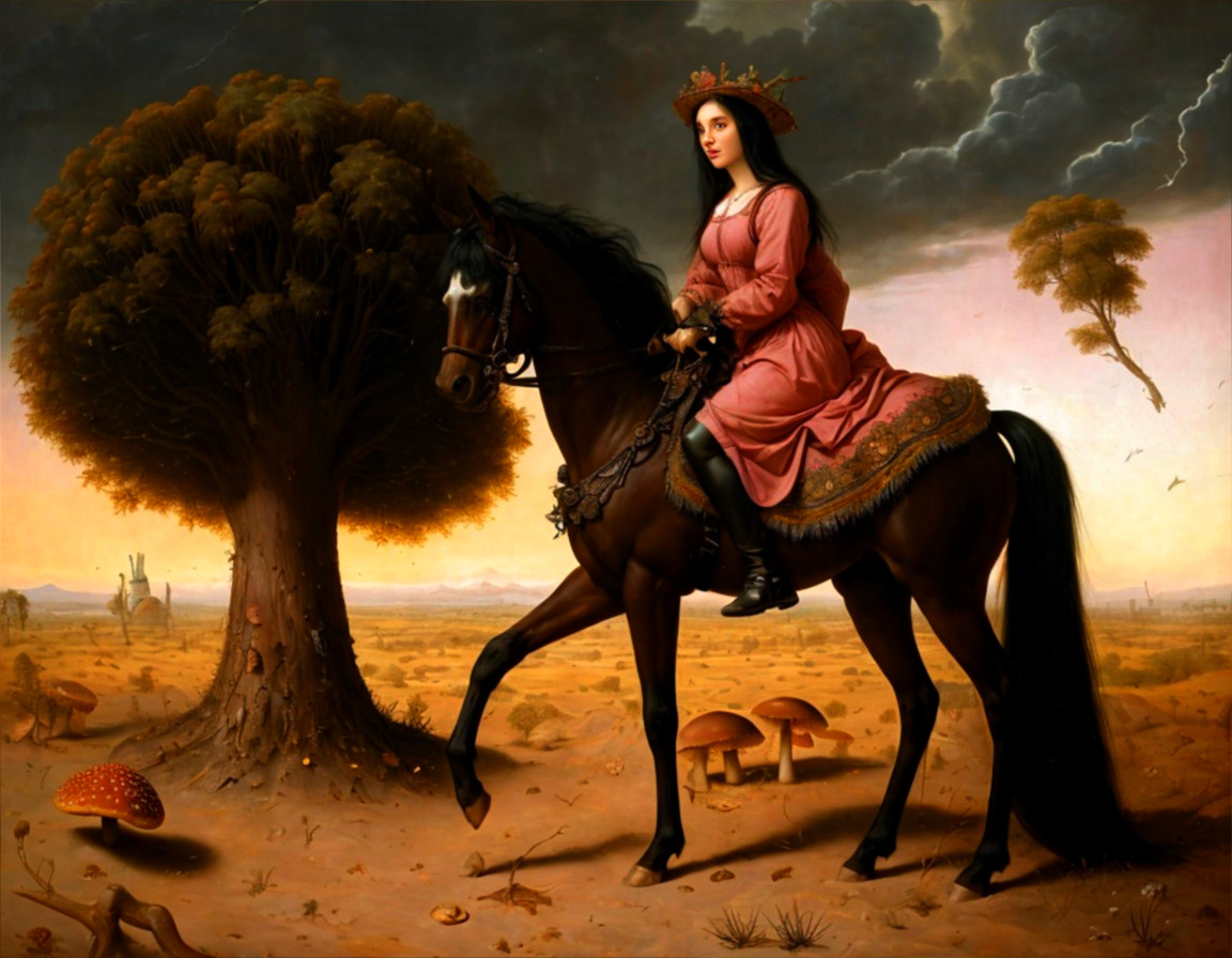 Woman in pink gown on black horse in surreal landscape