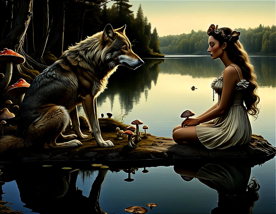 Tranquil Lake Scene with Woman and Wolf at Sunset