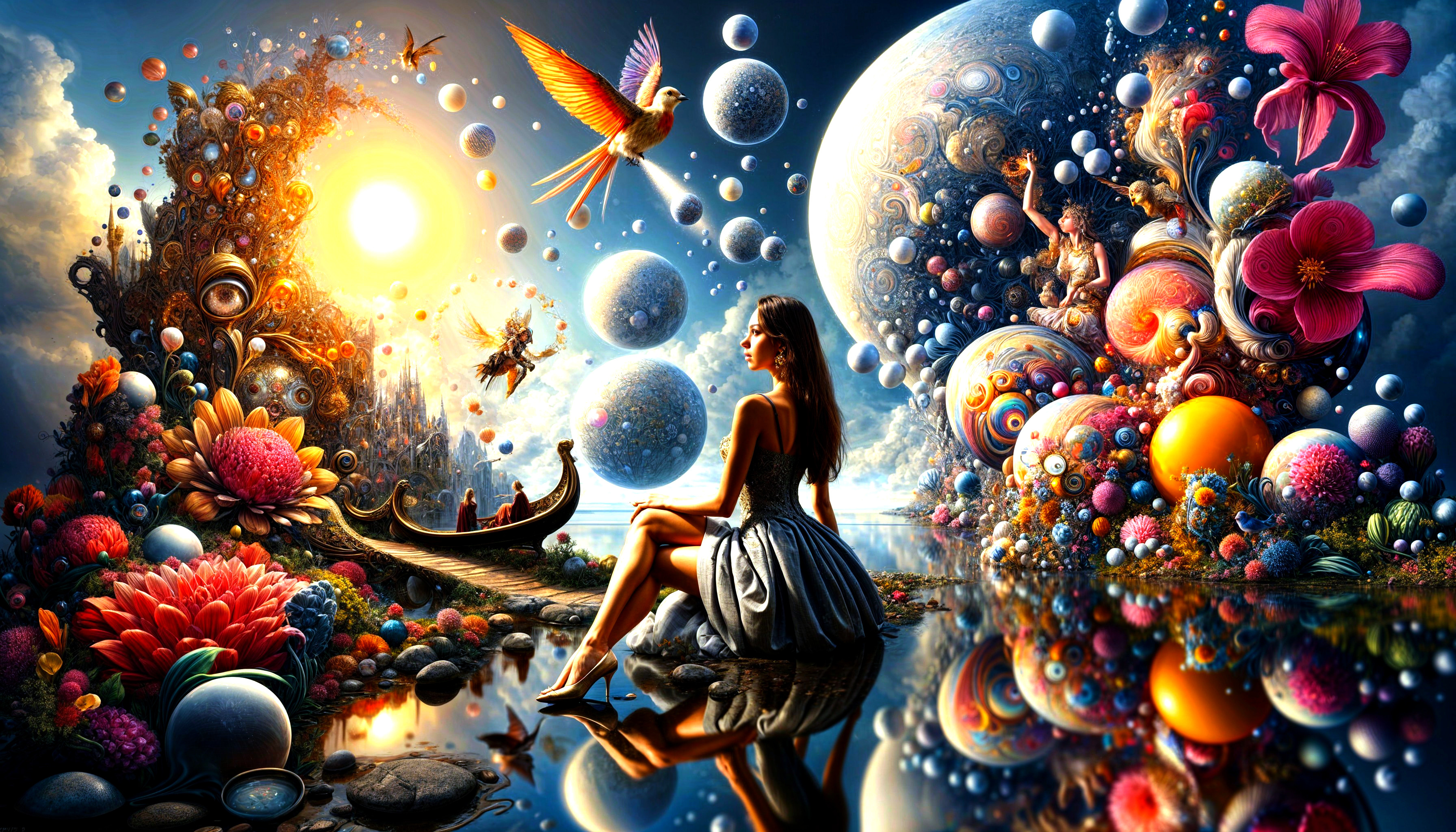 Surreal Landscape with Woman by Shimmering Waterway