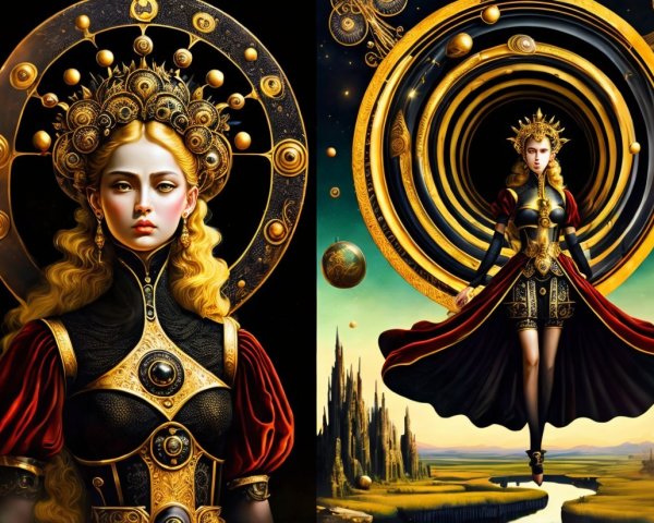 Majestic Woman in Golden Attire Against Cosmic Backdrop