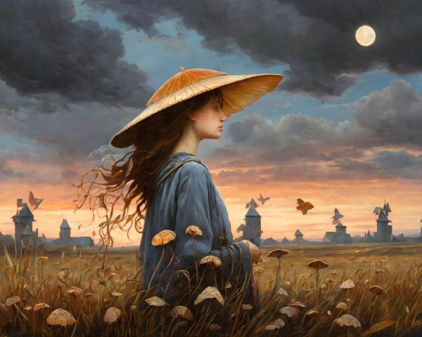 Woman in wide-brimmed hat stands in field at dusk with windmills and butterflies.