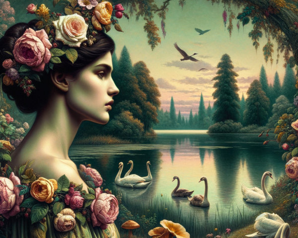 Woman with Floral Crown in Lakeside Scene with Swans and Forest