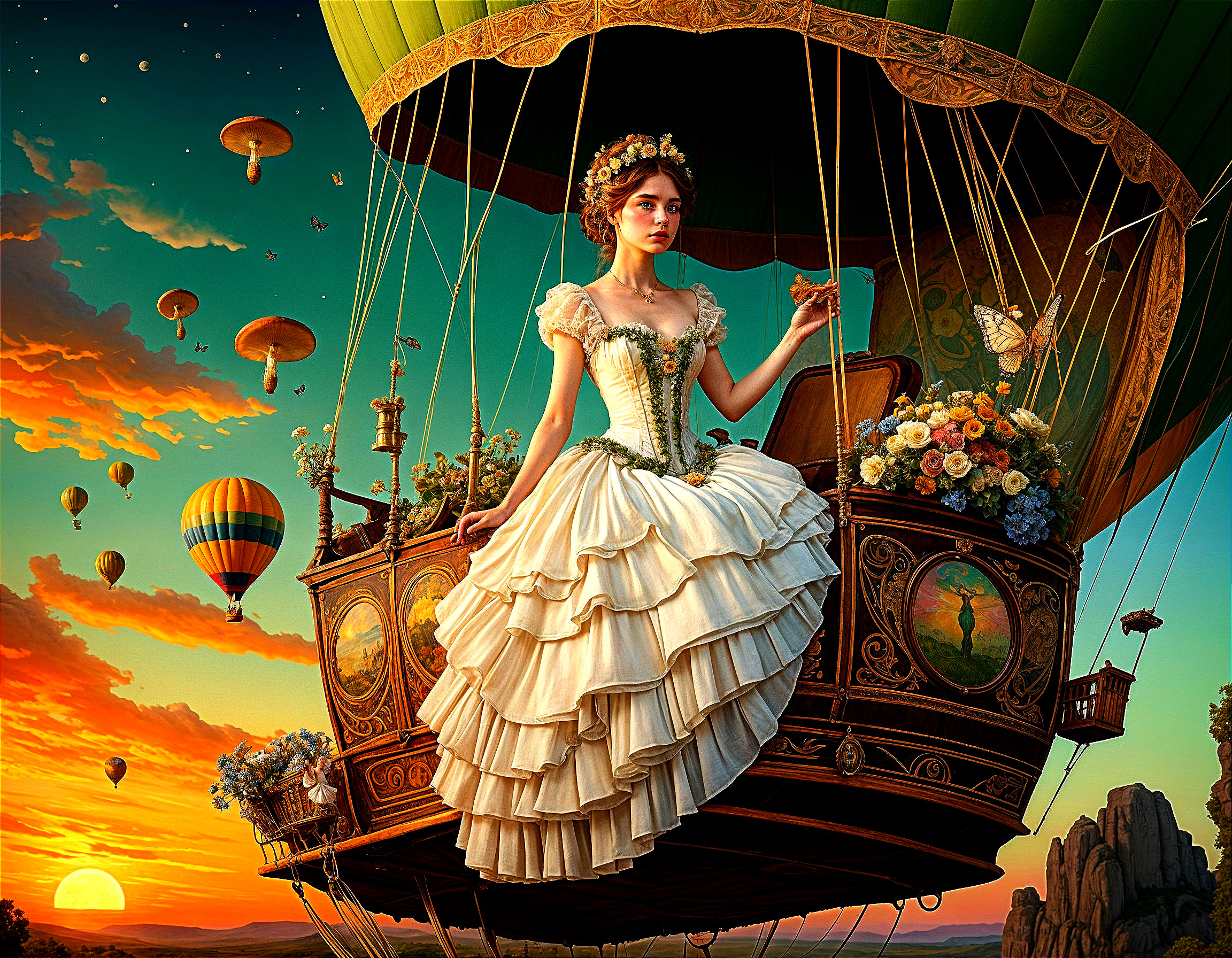 Whimsical Woman in Ruffled Gown in Hot Air Balloon
