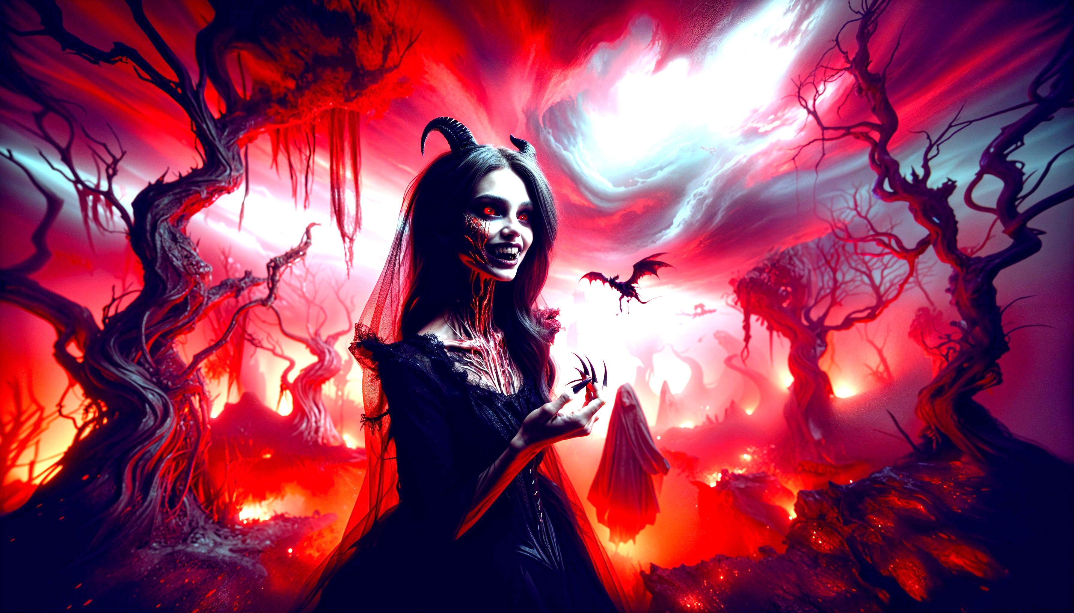Surreal Dark Landscape with Haunting Figure and Bats