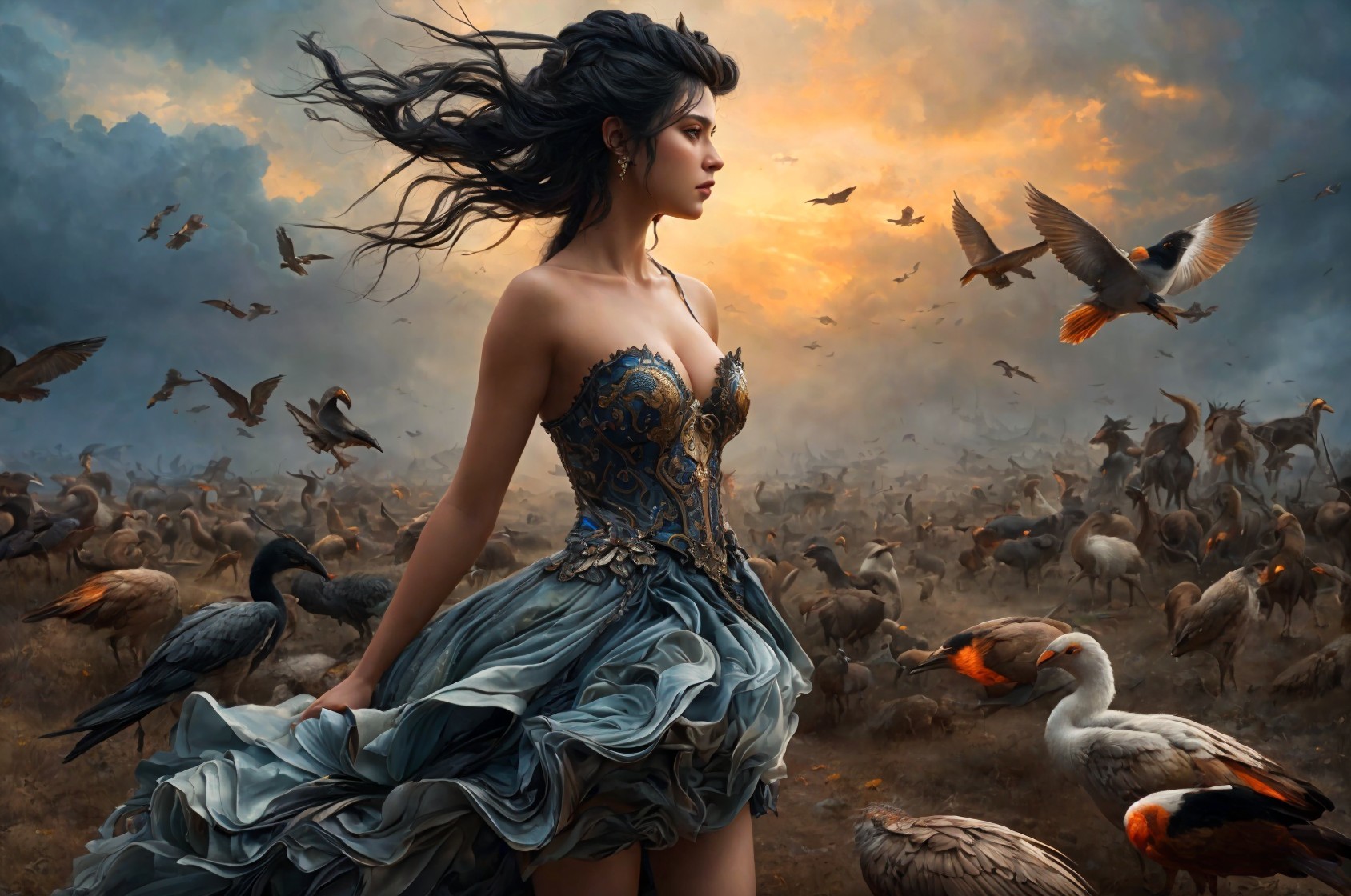Woman in Blue-Gray Dress Surrounded by Birds and Sunset Sky