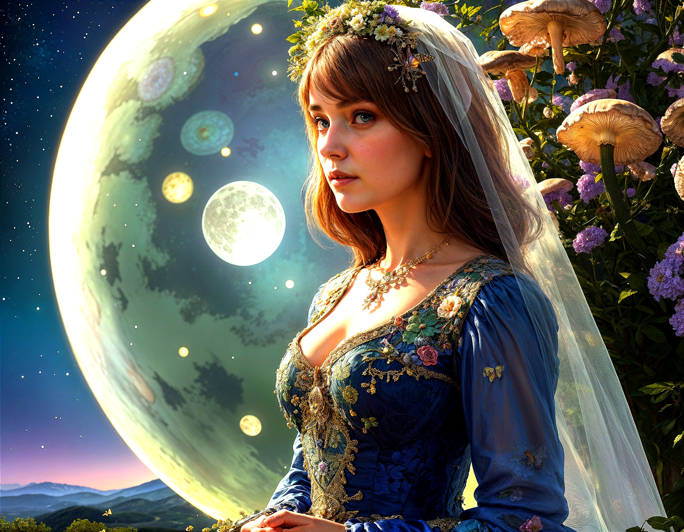Young woman in blue gown with glowing moon backdrop