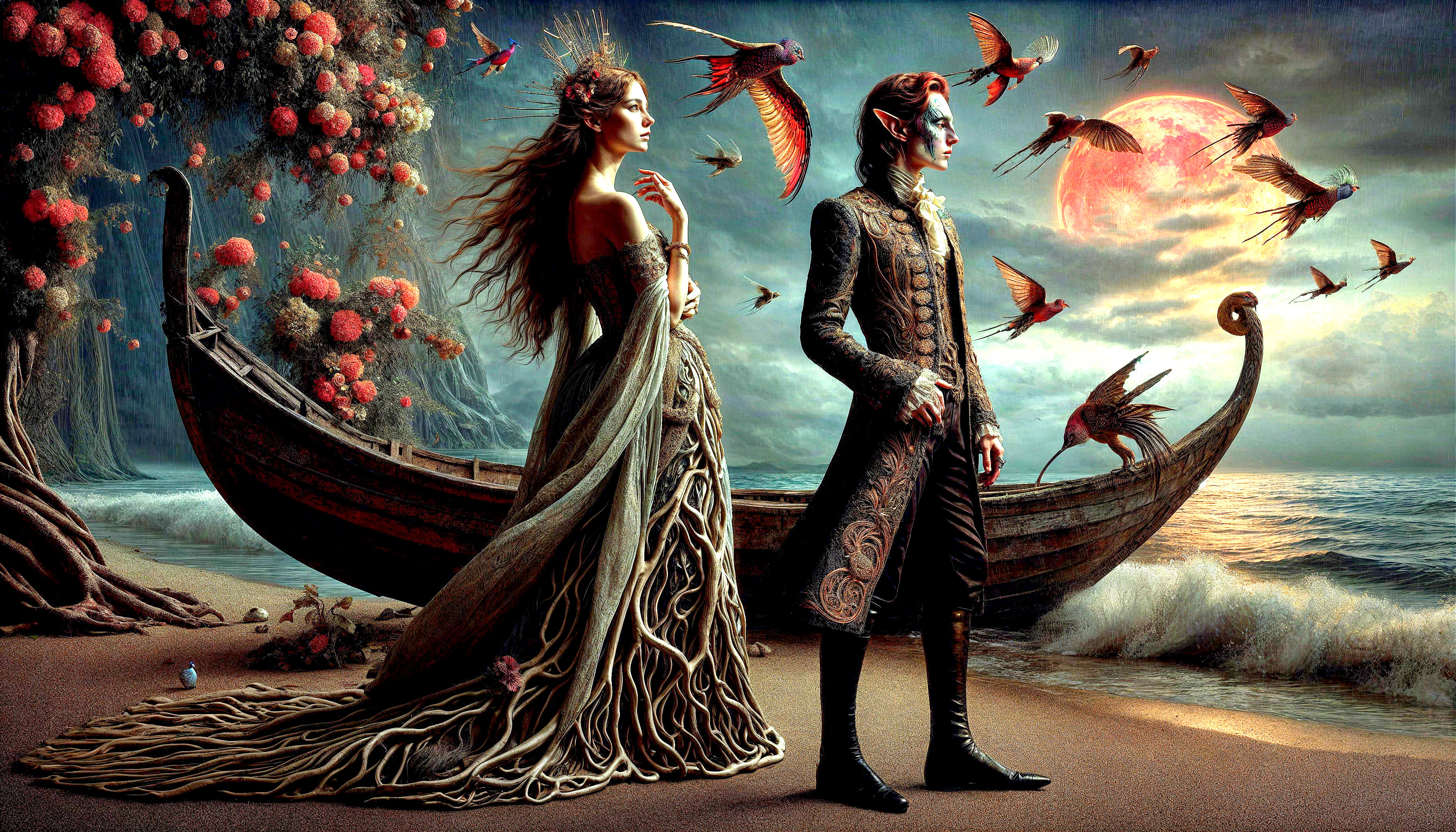 Fantastical Beach Scene with Nature-Inspired Attire
