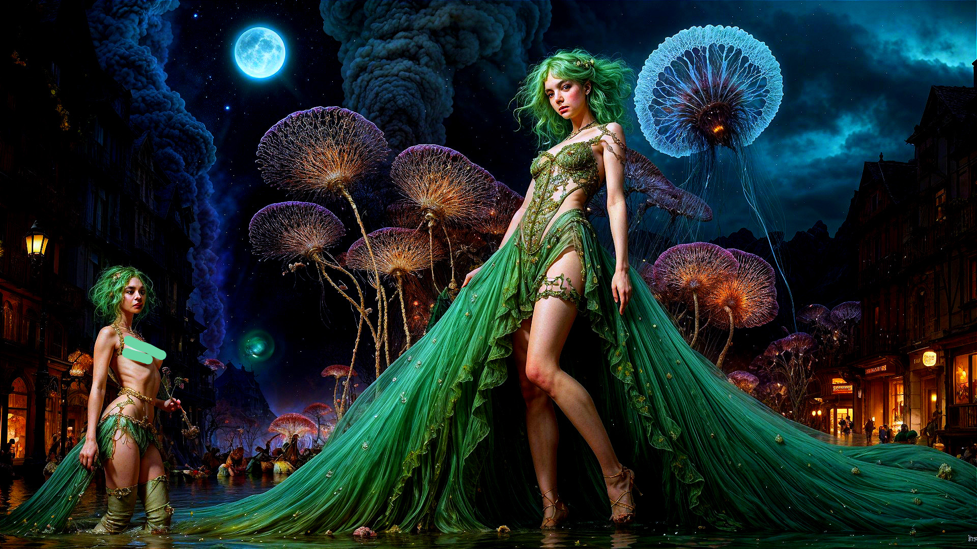 Ethereal Figures in a Surreal Night Landscape