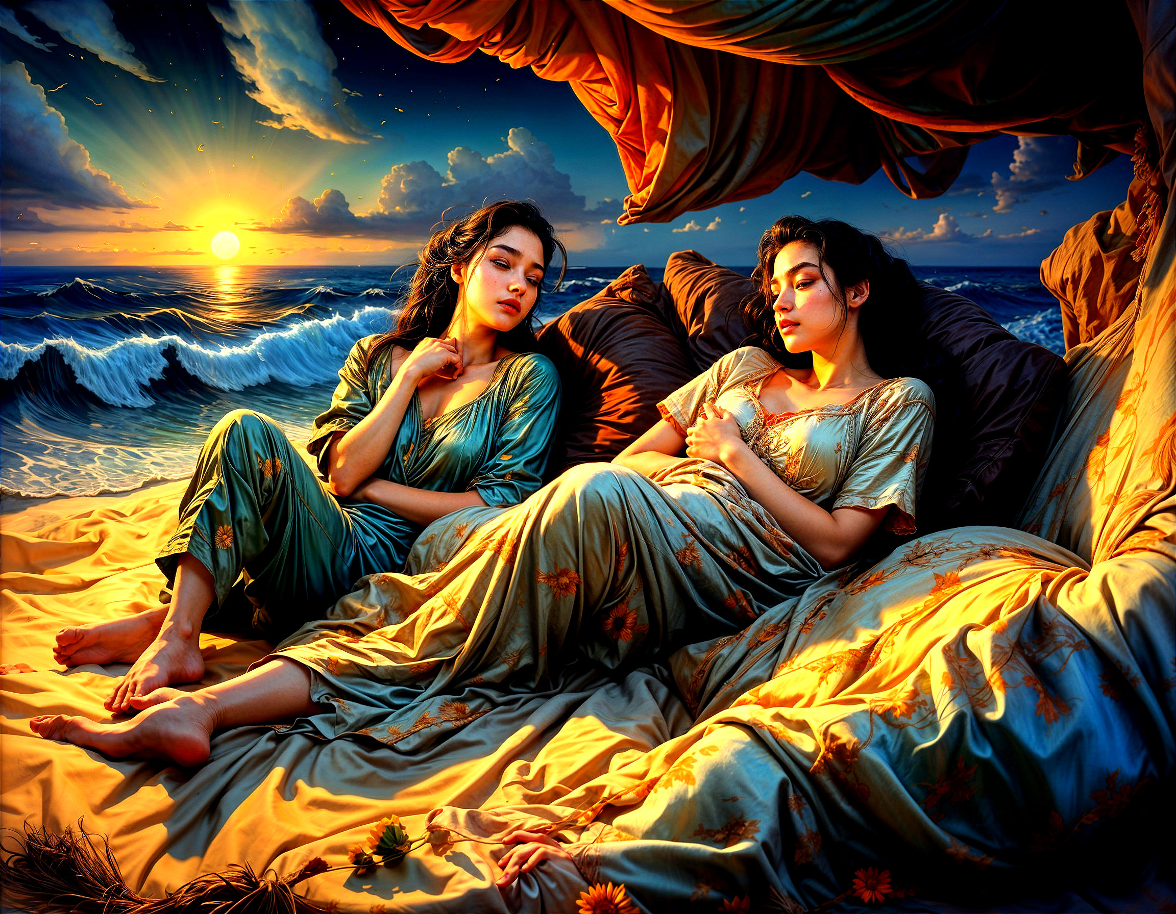 Serene Women in Flowing Robes at Sunset by Ocean