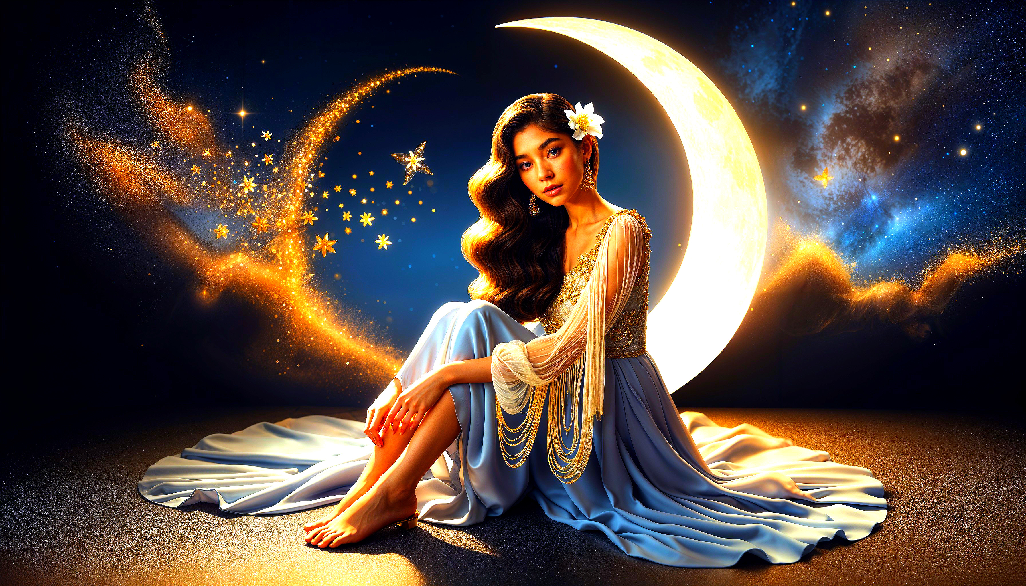 Young woman in light blue gown with celestial backdrop