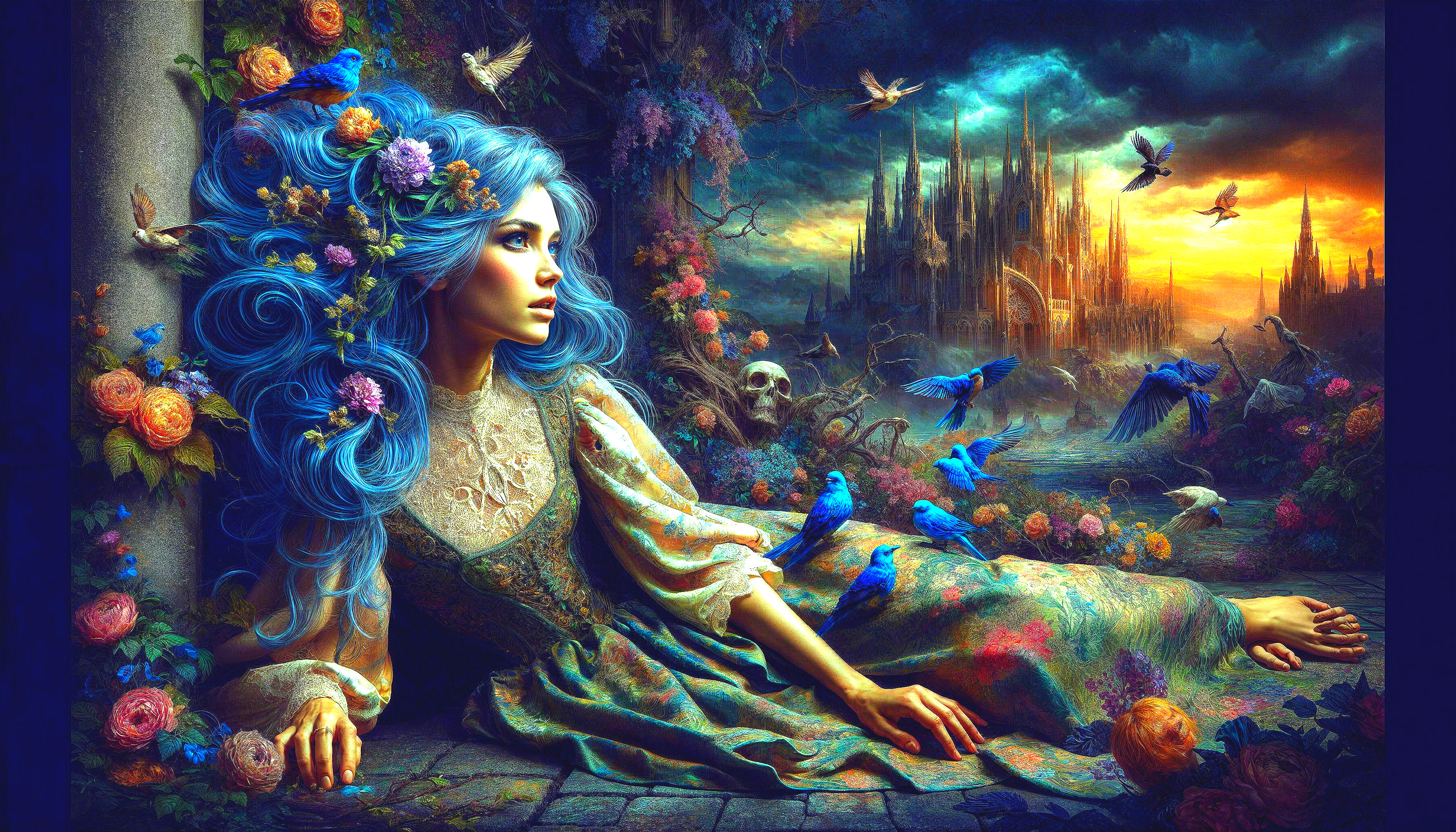 Mystical Scene of Woman in Floral Gown Among Roses