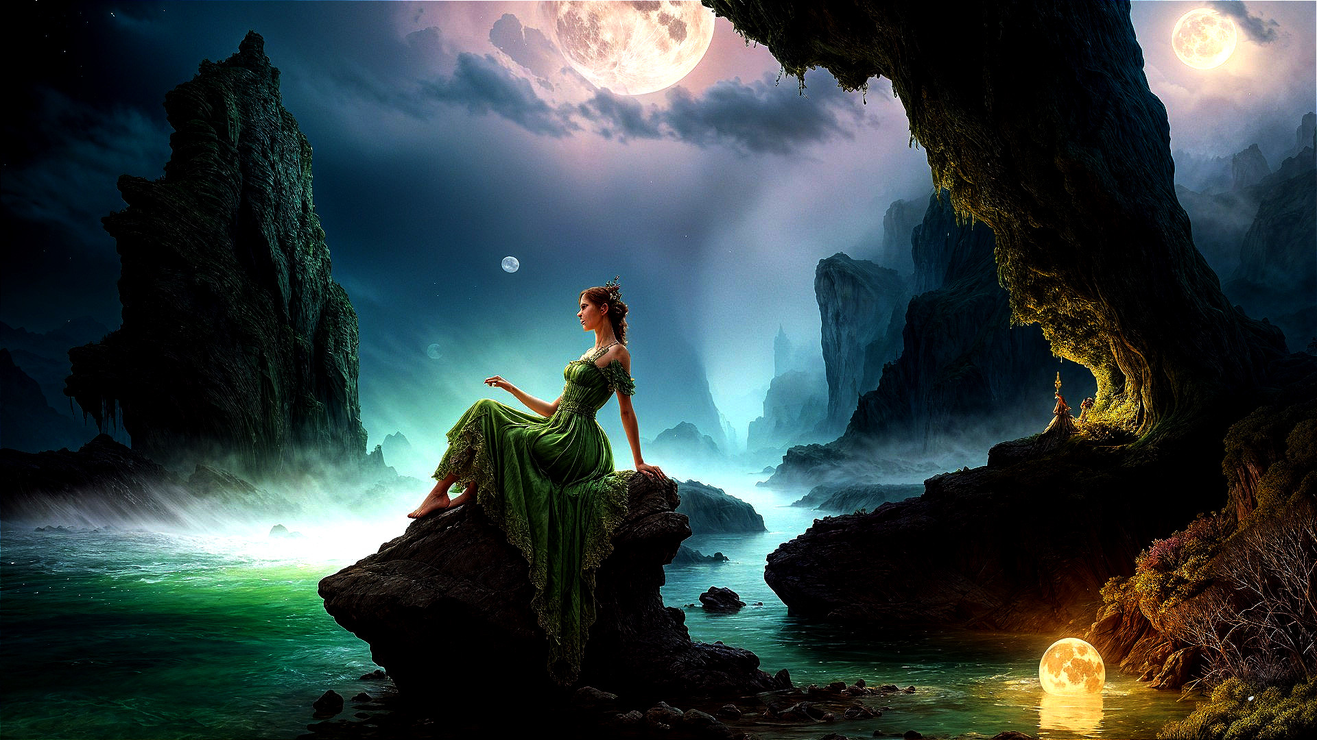 Mystical Landscape with Woman in Green Gown and Moons