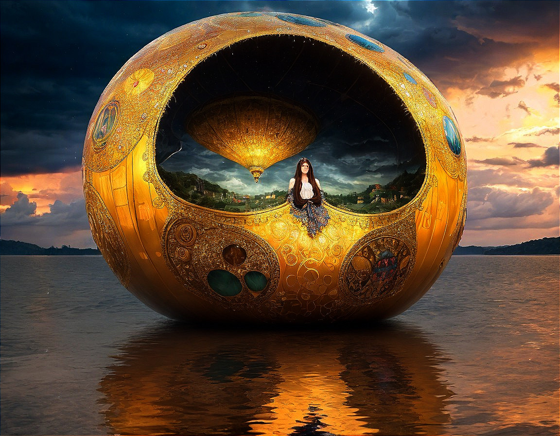 Gigantic Golden Sphere on Tranquil Waters at Sunset