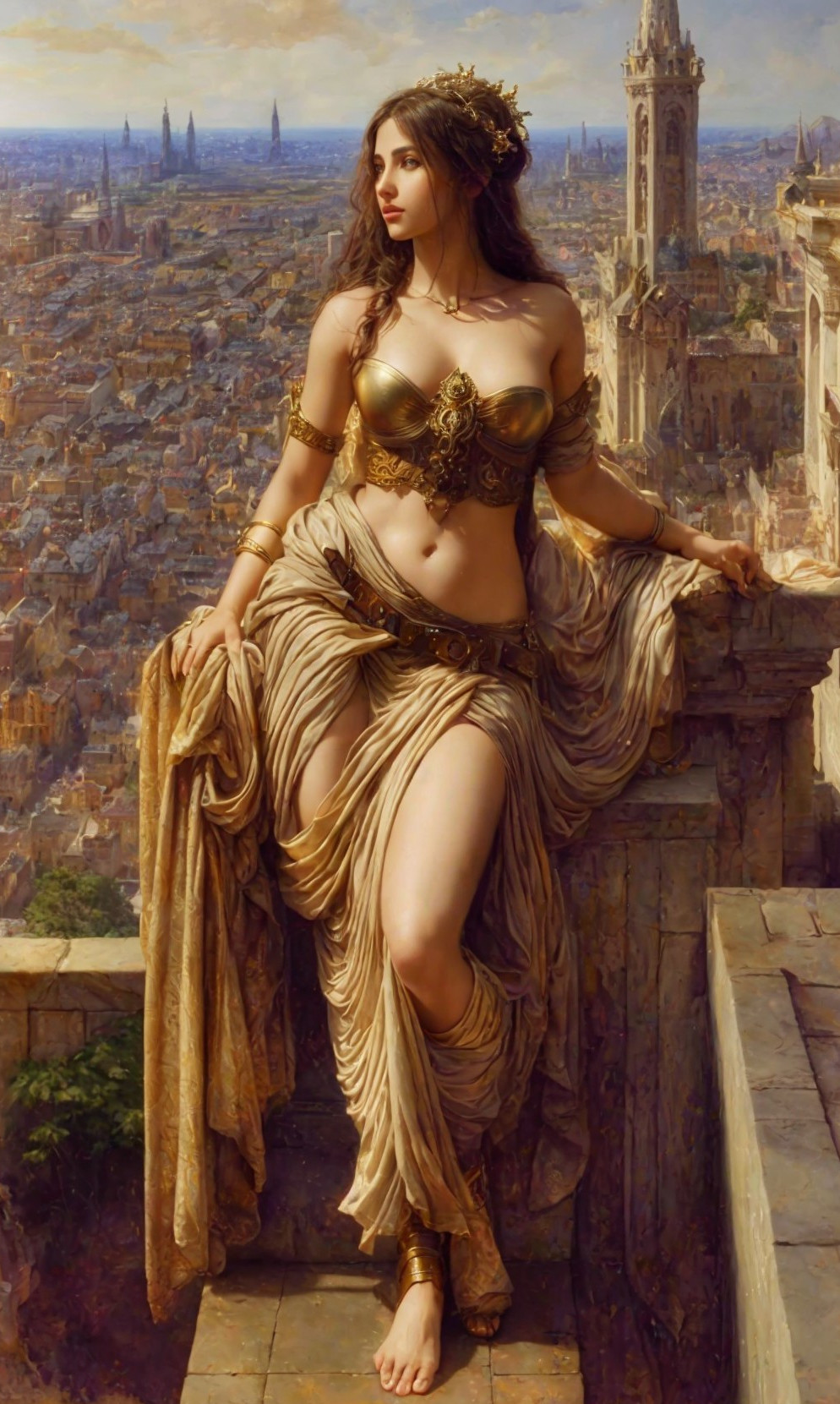 Regal Figure Overlooking Urban Cityscape in Golden Outfit