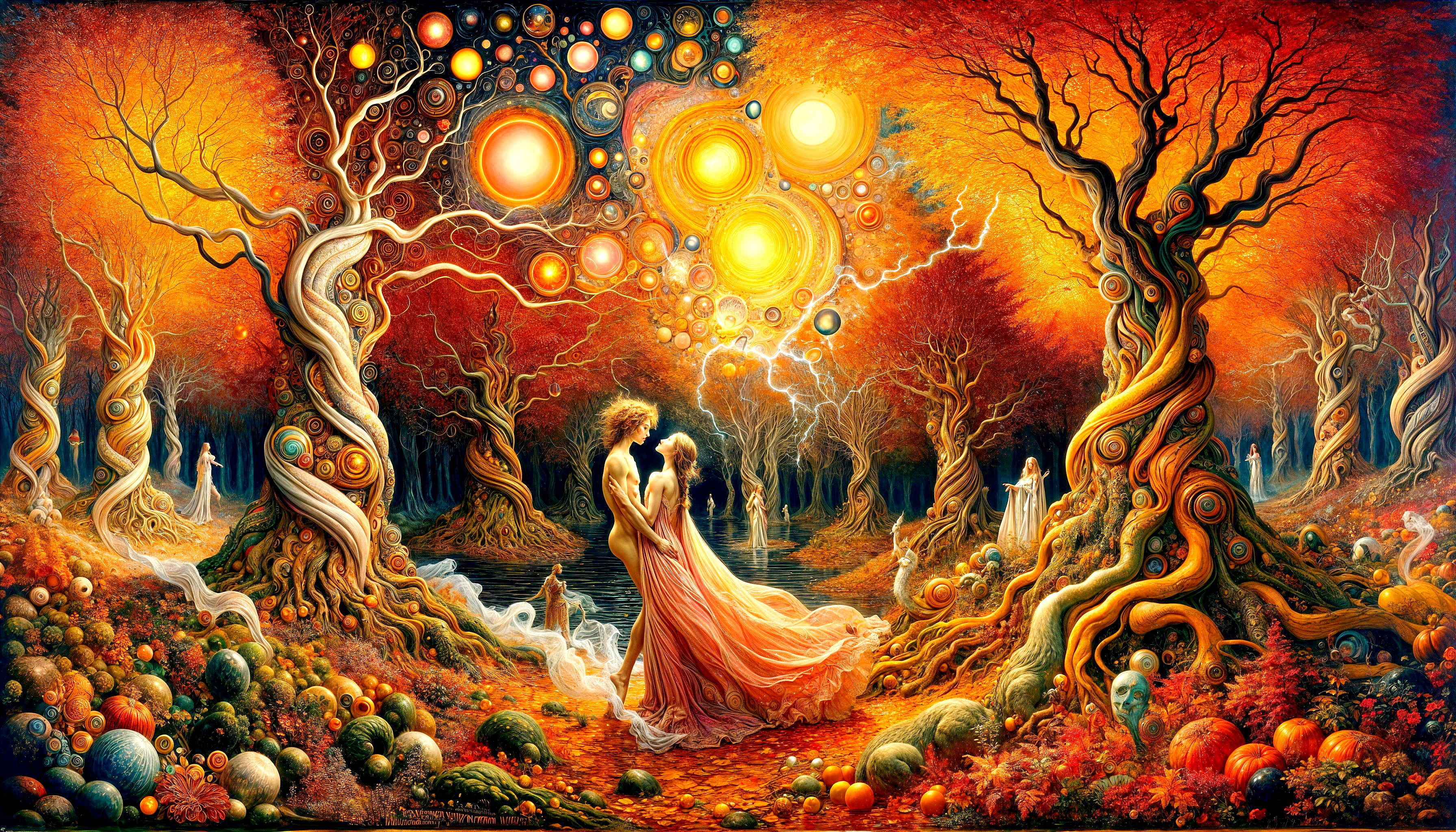 Surreal Landscape with Vibrant Colors and Embracing Couple