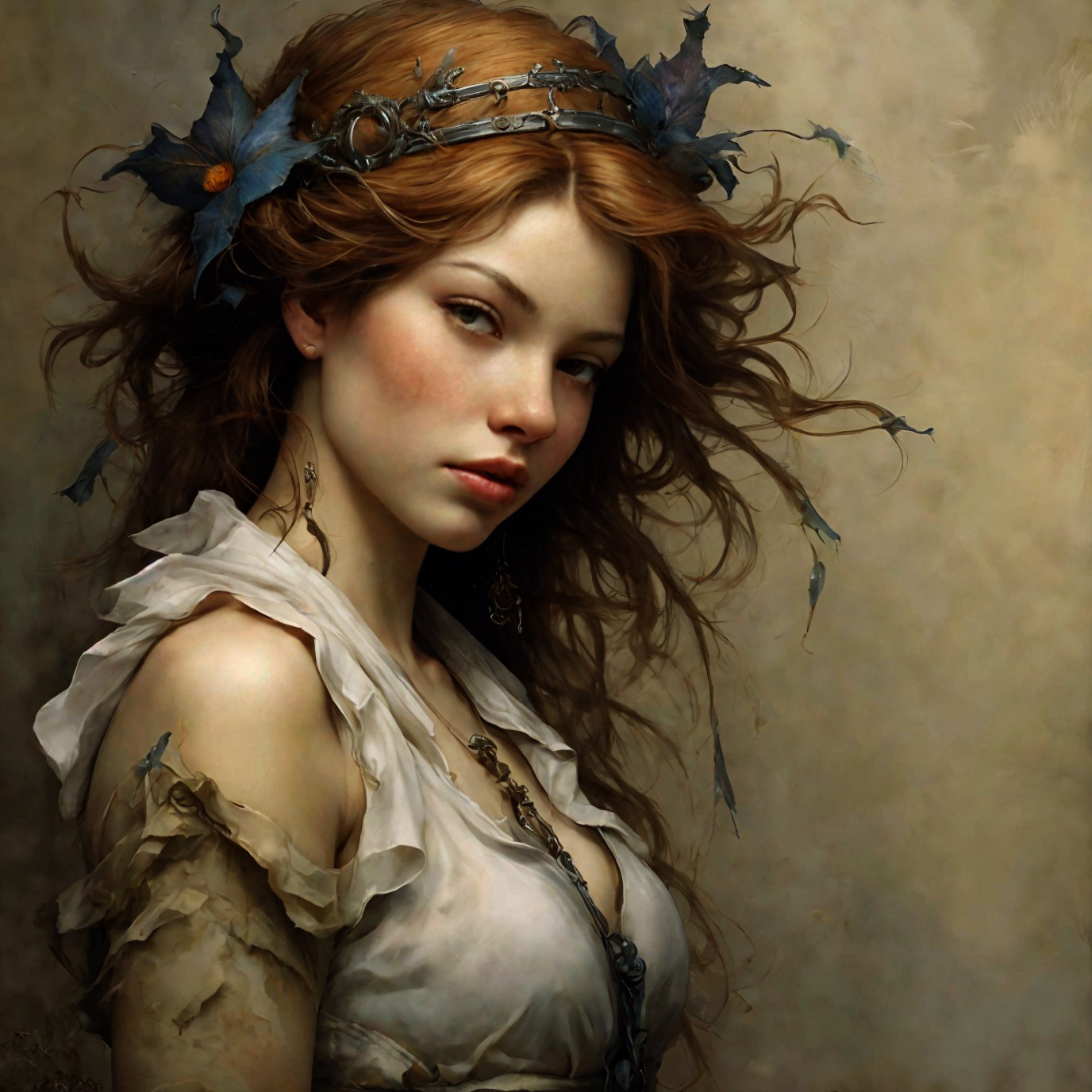 Portrait of a woman with wavy hair and blue leaves