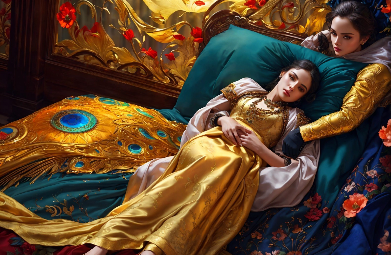 Elegant Figures on a Luxurious Floral Bed Scene