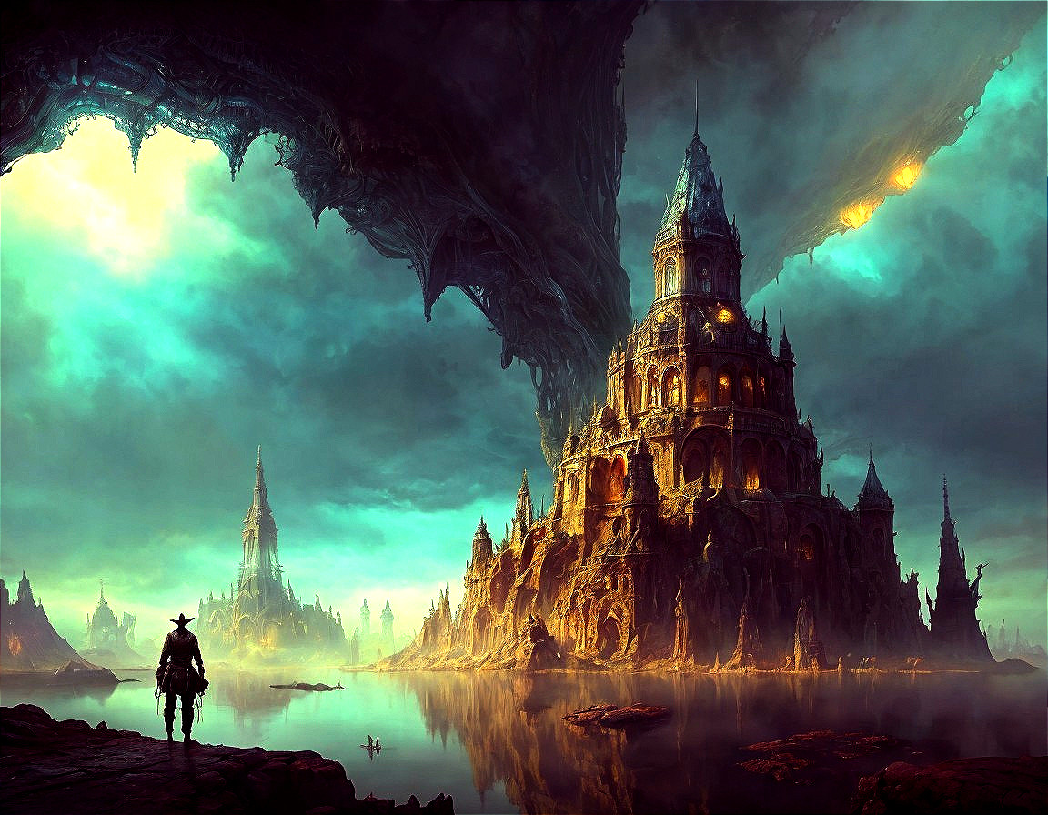 Intricate castle in a surreal, mysterious landscape