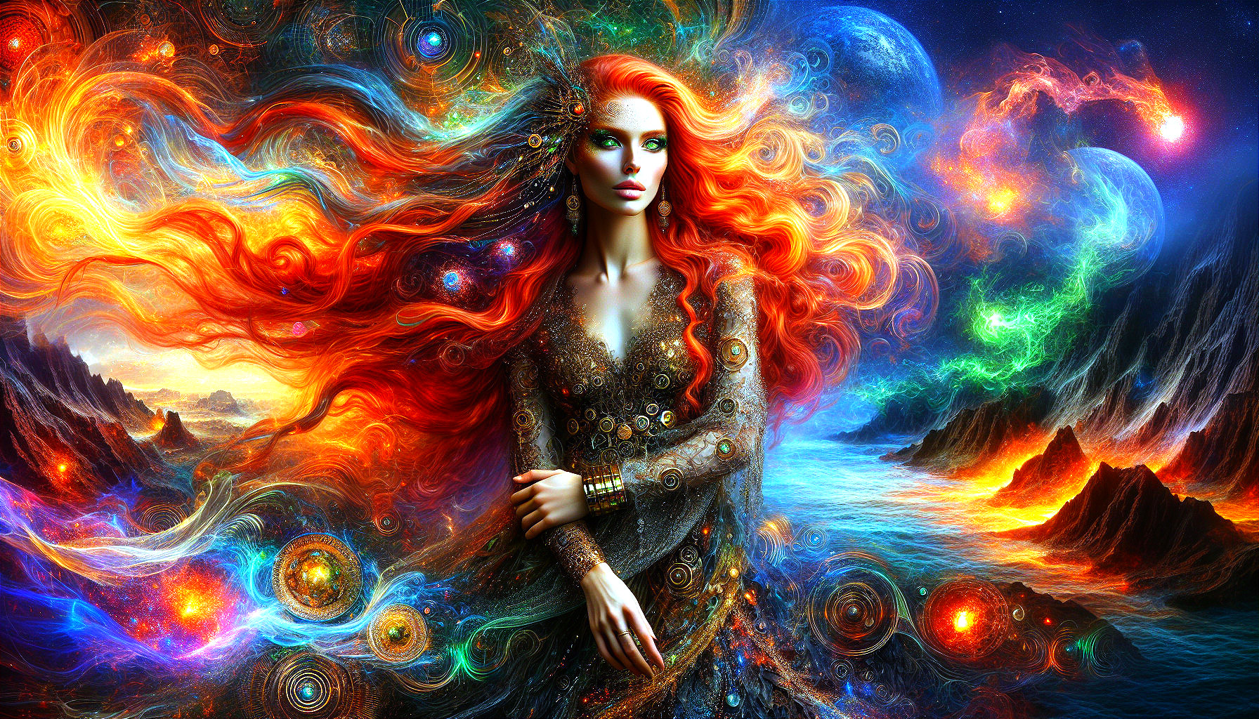 Cosmic Figure with Fiery Red Hair in Celestial Gown