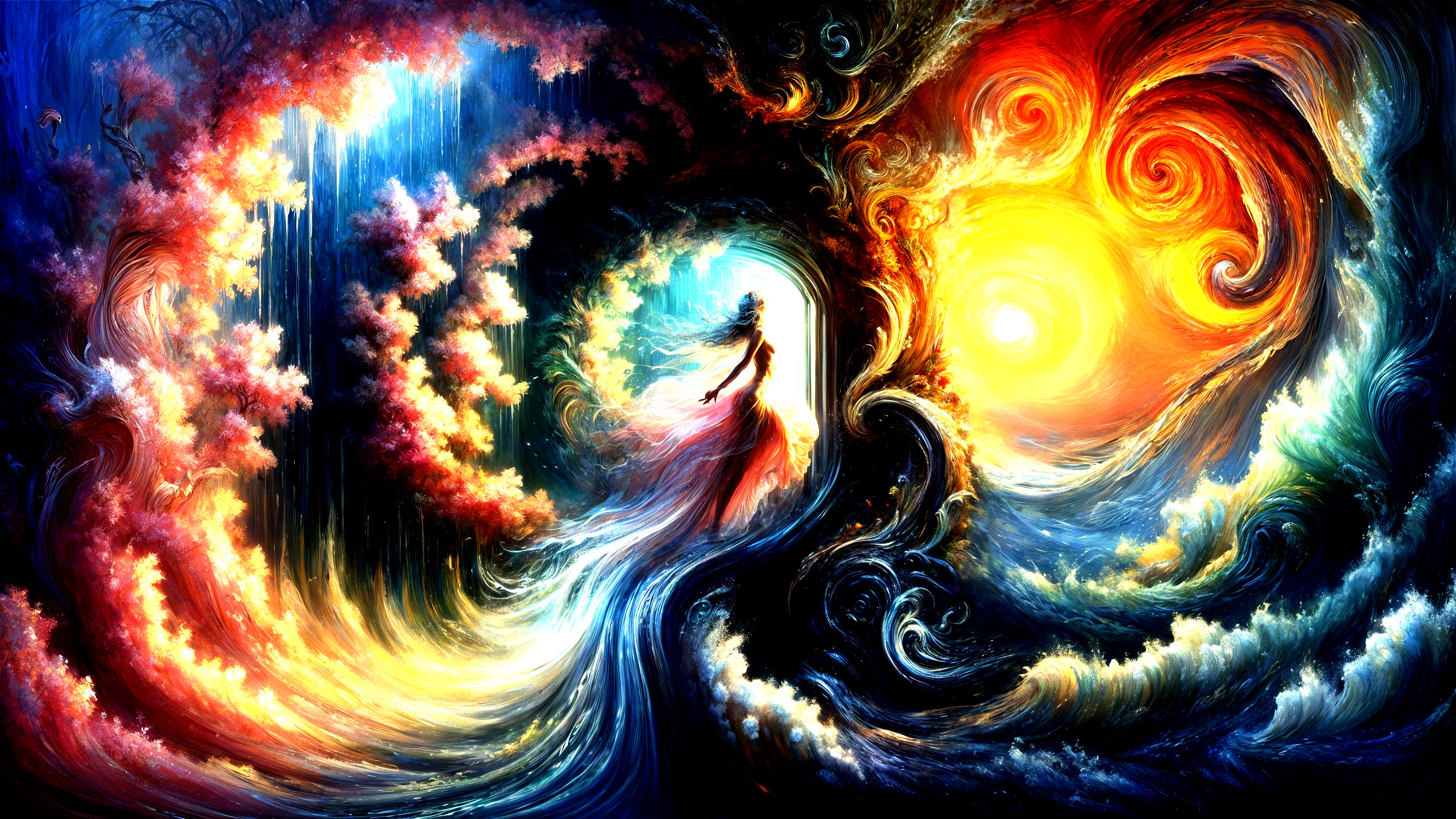 Day and Night Scene with Mystical Figure at Portal