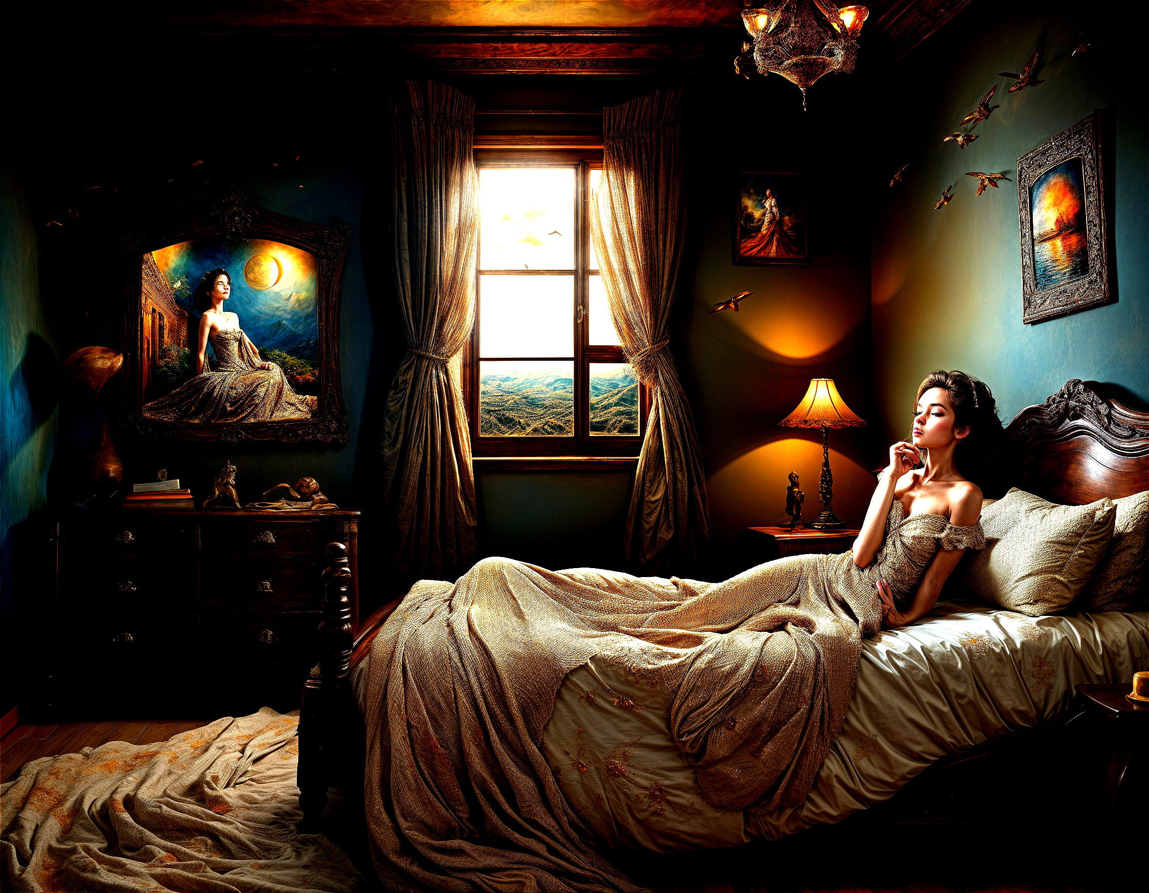 Serene Woman in Elegantly Decorated Dim Room