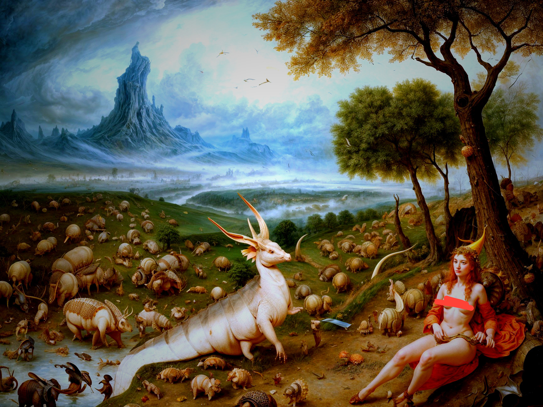 Fantastical Landscape with Dragon and Whimsical Creatures