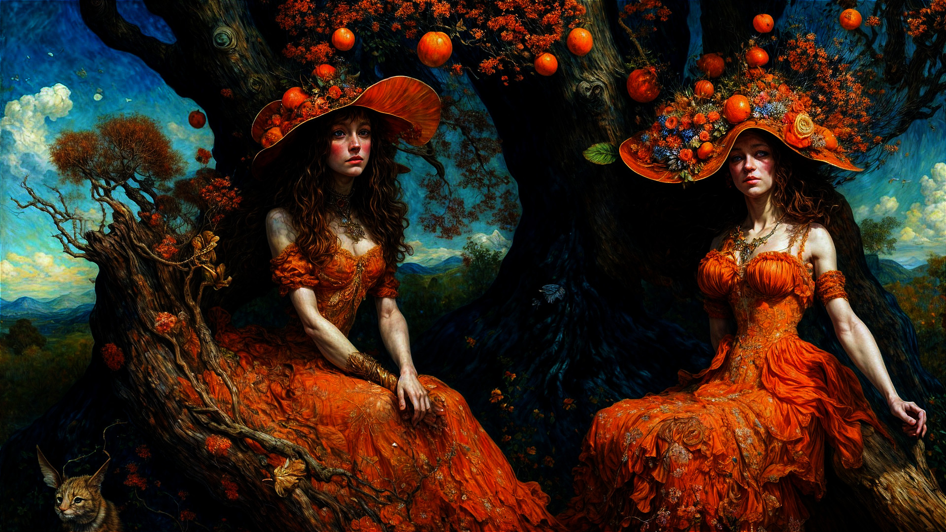 Identical Women in Orange Gowns in Dreamy Landscape