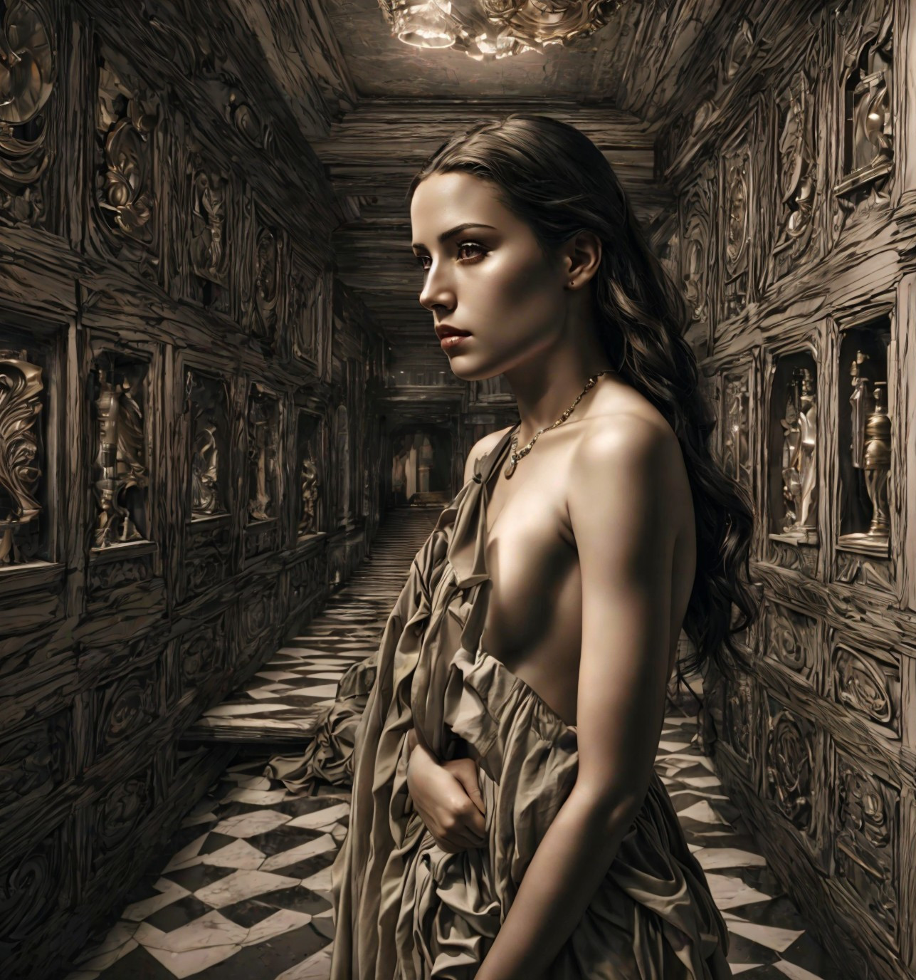 Woman in Profile in Ornate Hallway with Checkered Floor