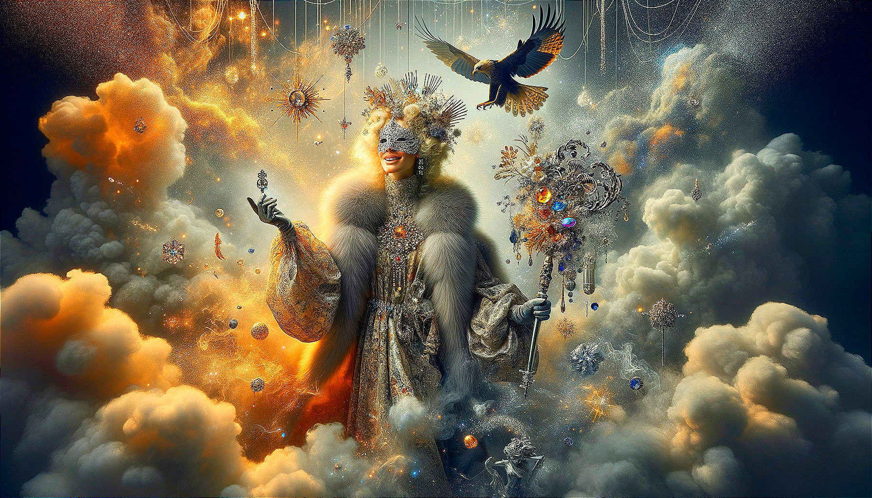 Majestic Figure in Opulent Attire Among Swirling Clouds