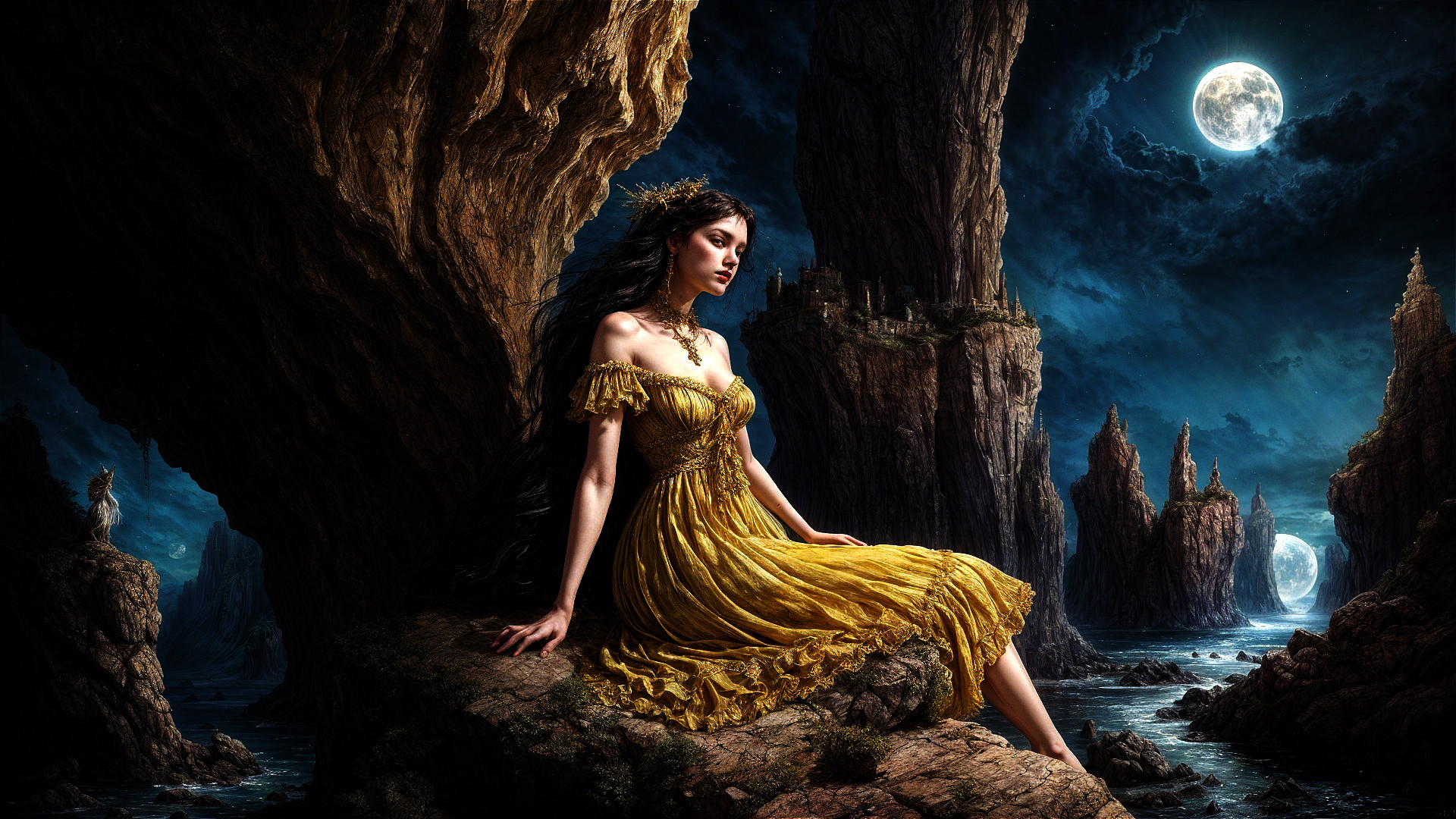 Serene Woman in Yellow Dress by Dramatic Cliffs