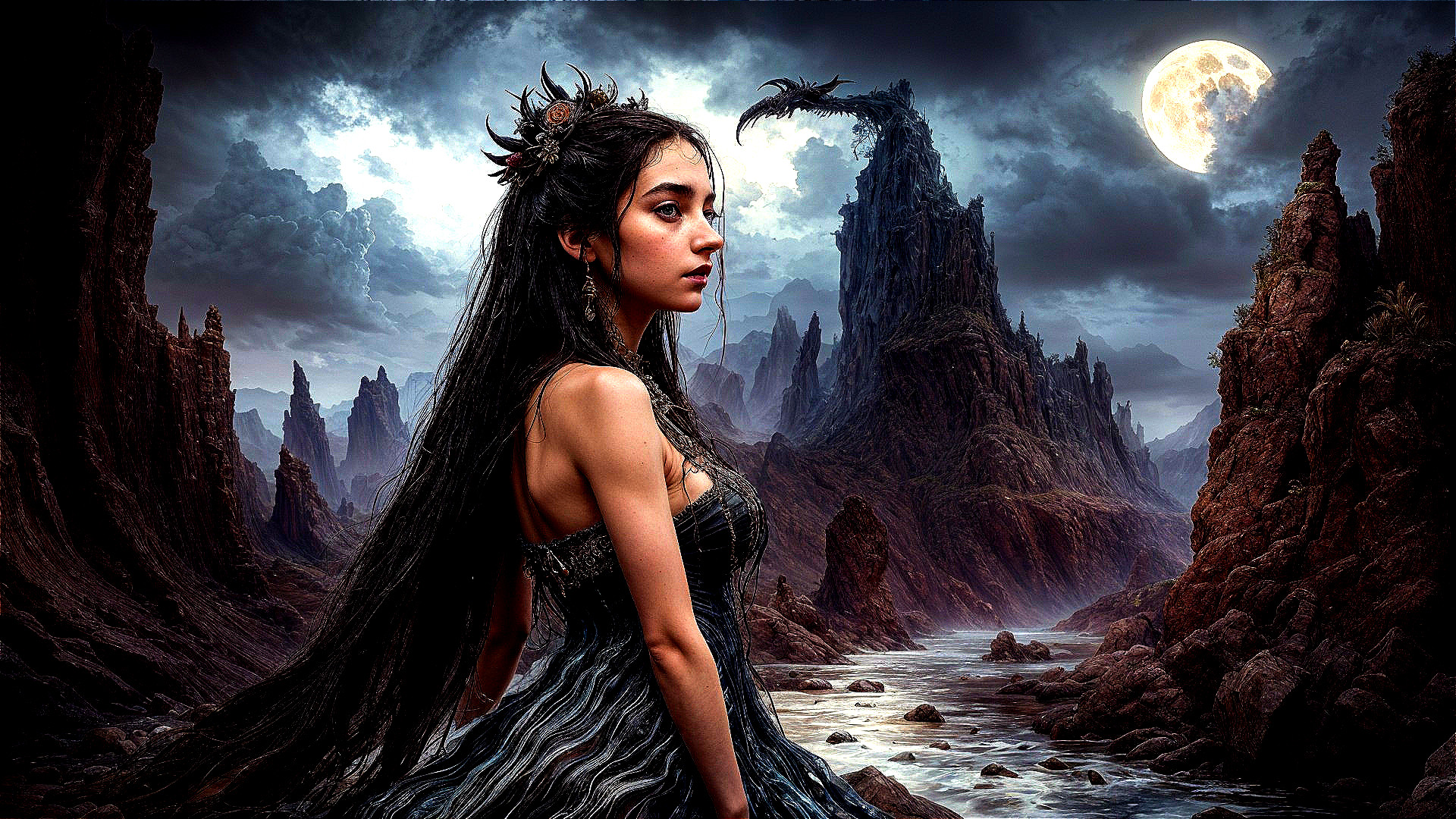 Young woman in dark gown amidst mountains and dragon